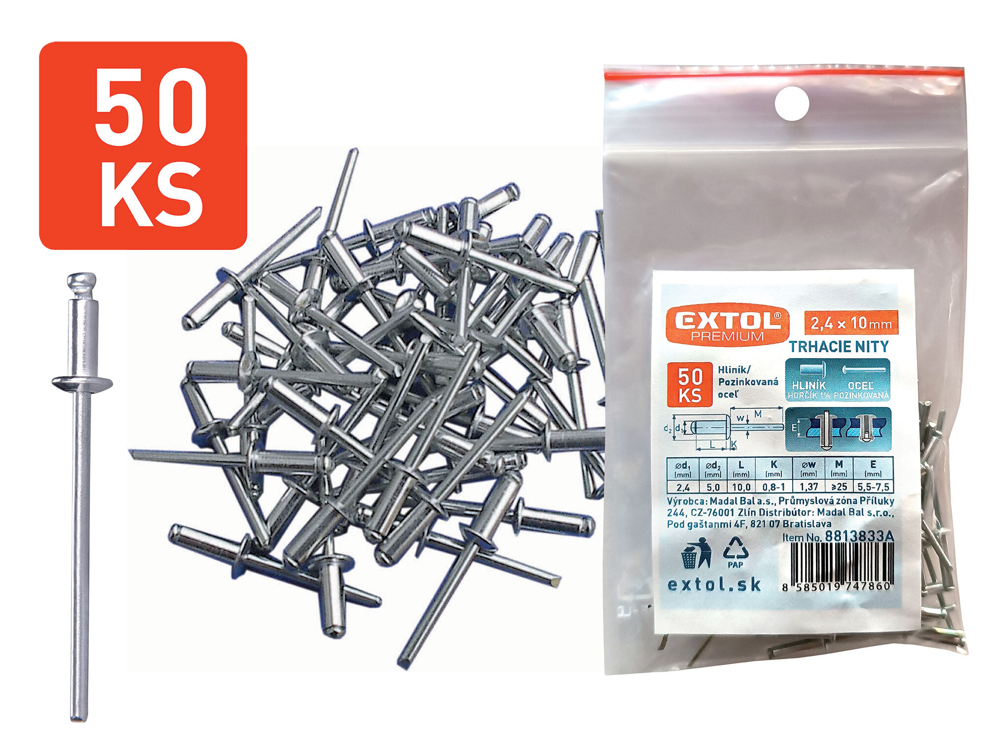 Nity trhacie hliníkové 2,4x10mm, 50ks, EXTOL PREMIUM