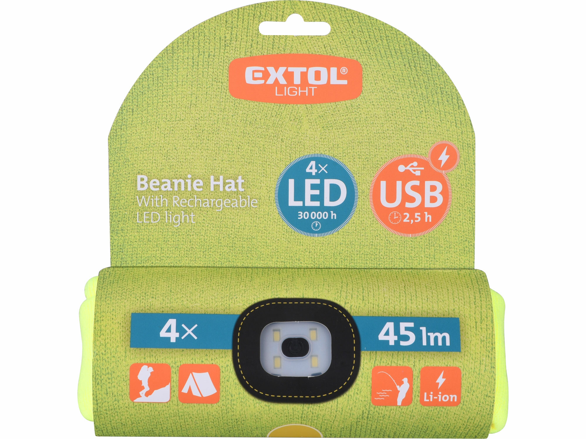 Čiapka žltá, s čelovým svetlom, LED 4x45lm, 300mAh Li-ion, EXTOL LIGHT