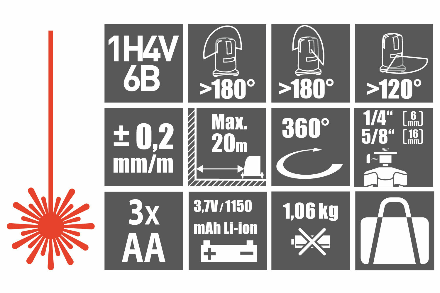 Laser líniový, krížový samonivelačný, červený, 1H-4V-6B, Li-ion akumulátor, USB nabíjanie, EXTOL PRE