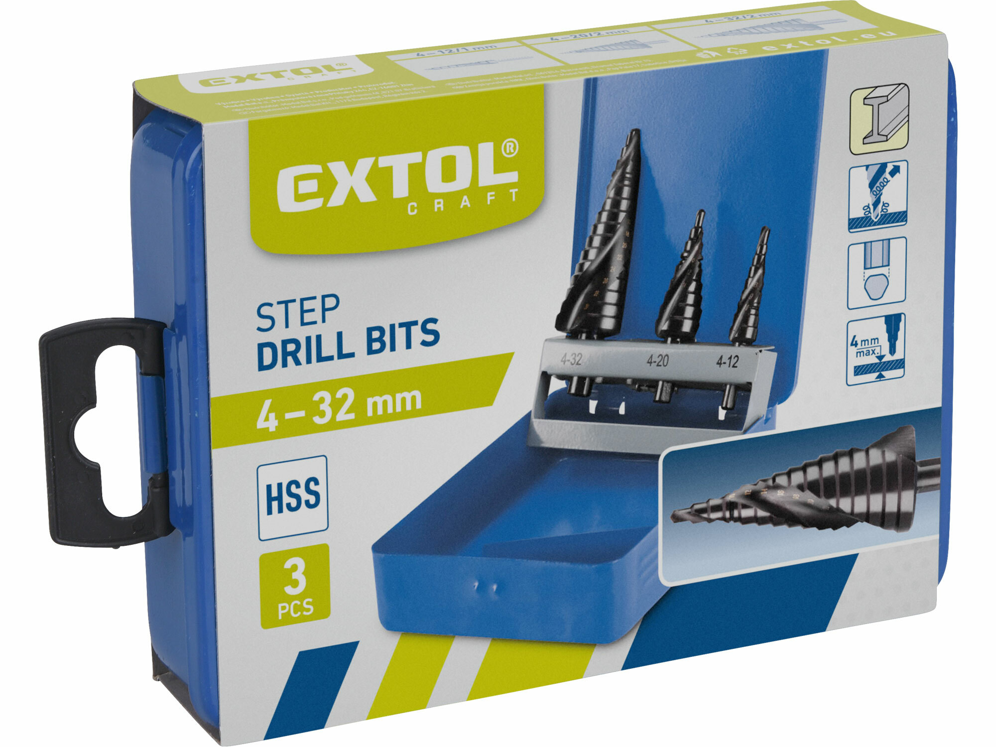 Vrtáky stupňovité, sada 3ks, Ø4-12/1mm, Ø4-20/2mm, Ø4-32/2mm, EXTOL CRAFT