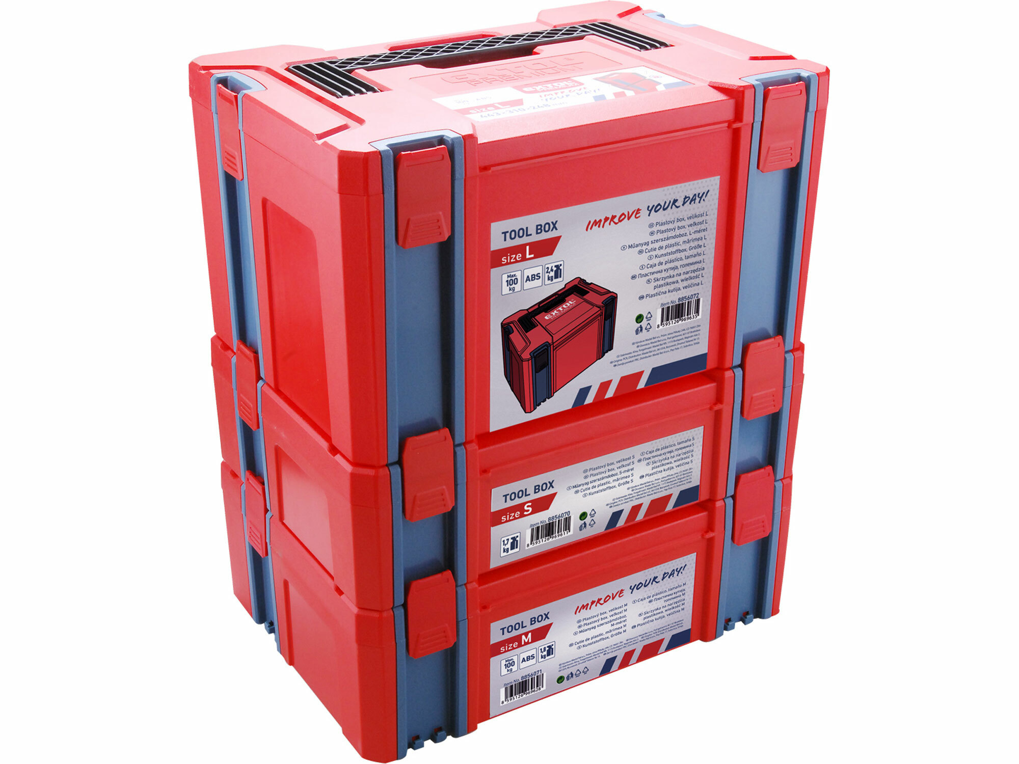 Sada elektronáradia v kufríku: aku vŕtačka 2x12V Li-ion, 1,3Ah a uhlová brúska 125mm, EXTOL PREMIUM