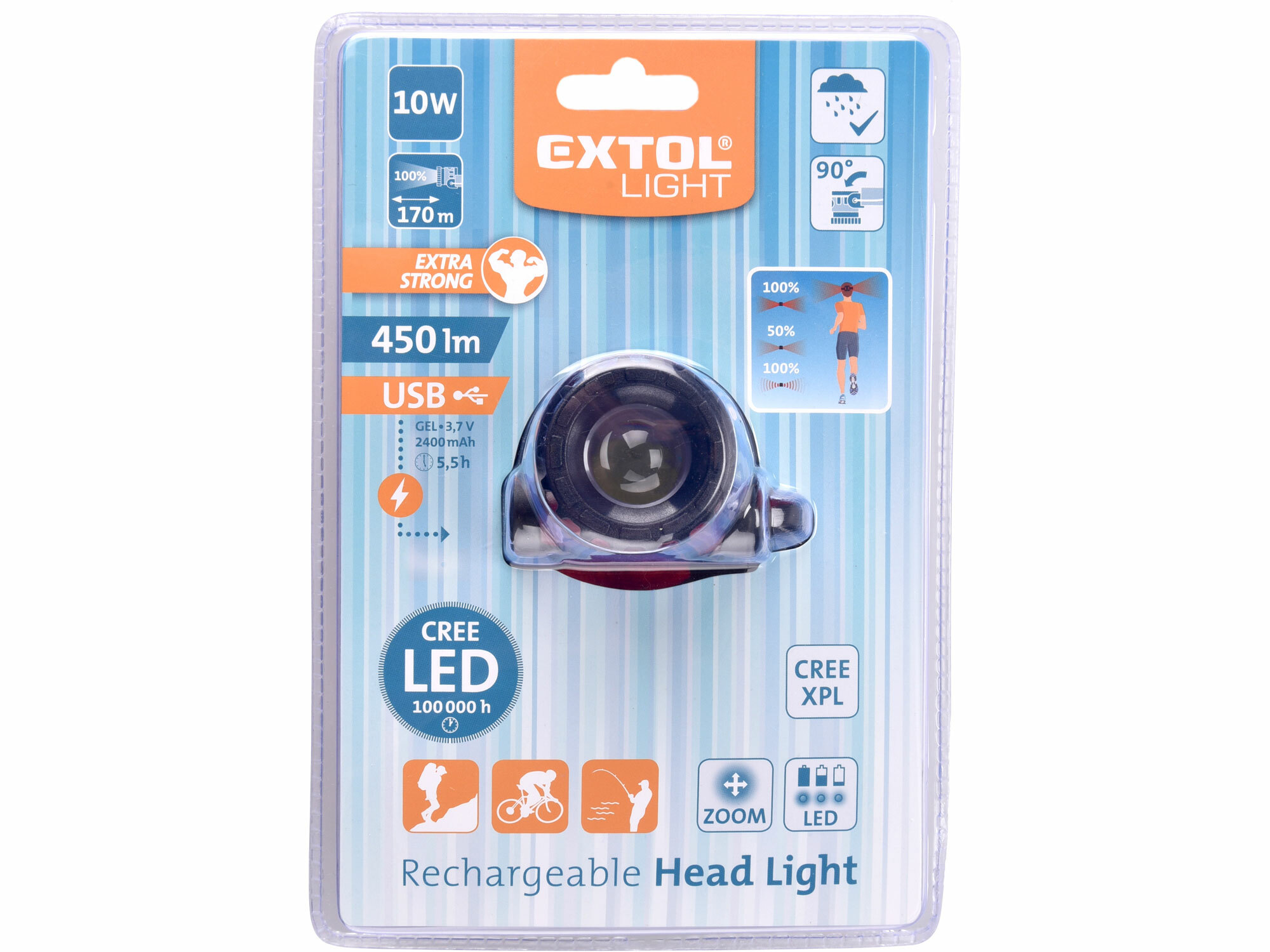 Čelovka CREE XPL LED, 450lm, 3,7V Li-Po 2,4Ah, nabíjanie cez USB, EXTOL LIGHT