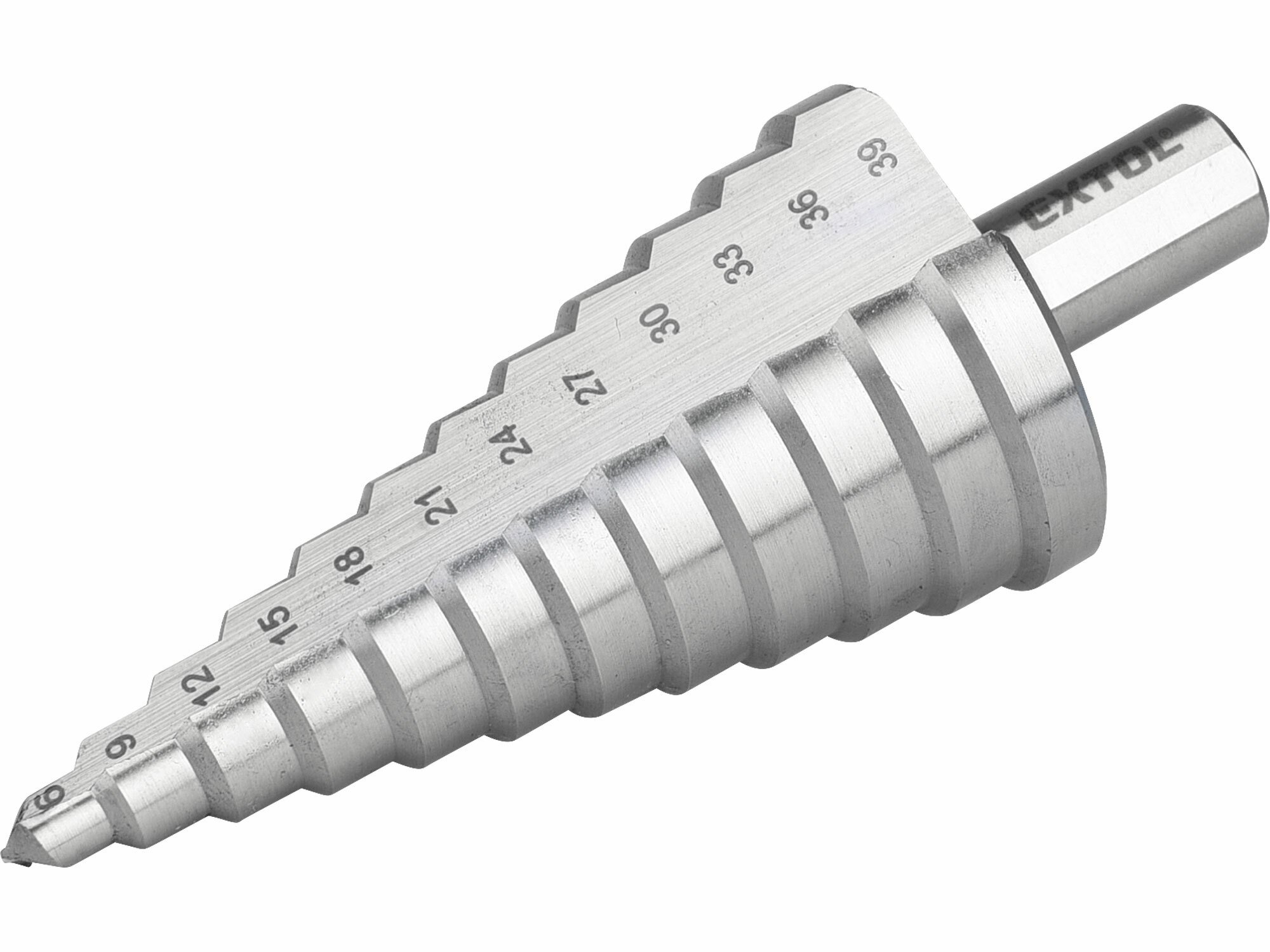 Vrták stupňovitý 6-39mm, stupňovanie 3mm, 12 otvorov, stopka pr.10mm, dĺžka 110mm, HSS, DIN 1412C