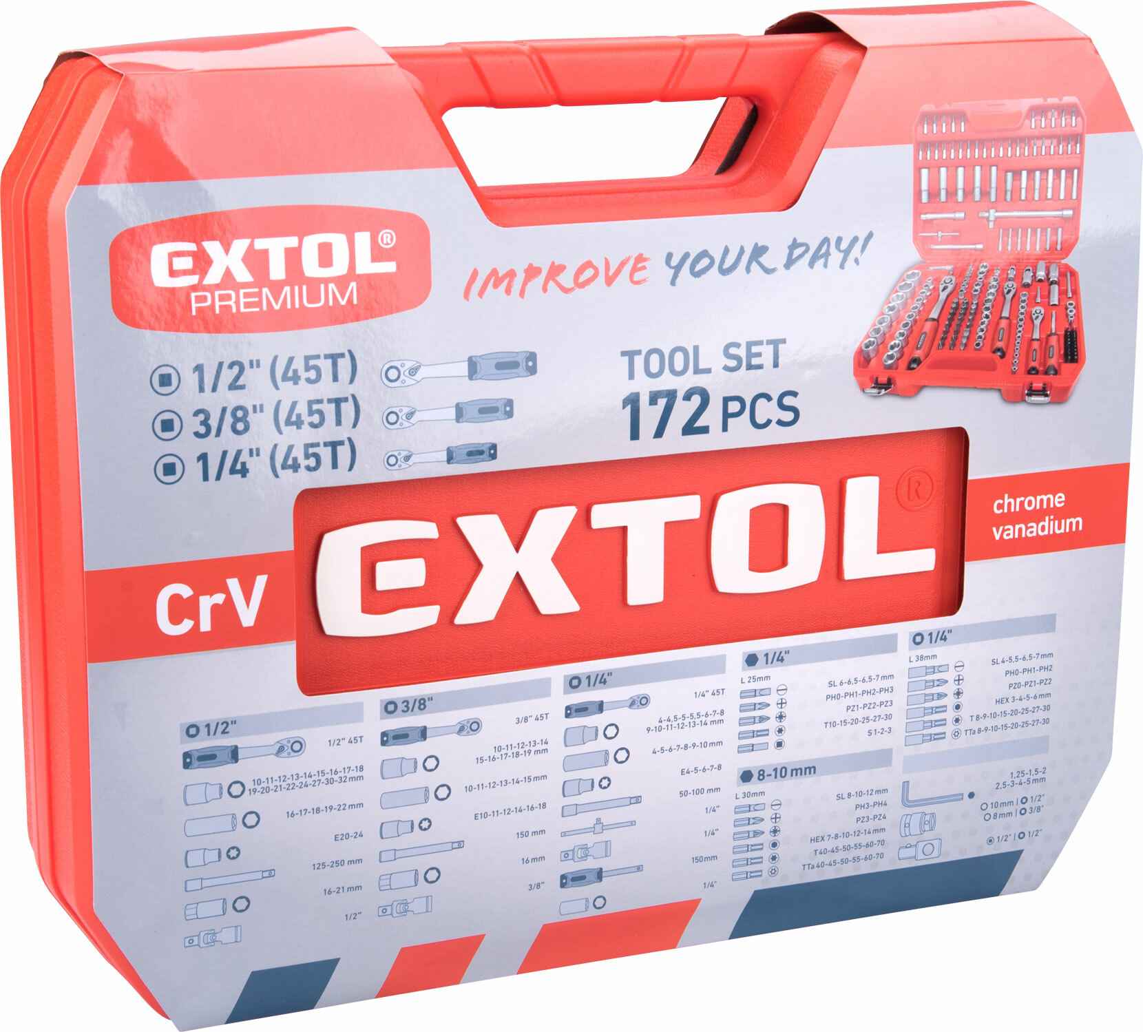 Sada nástrčných kľúčov, 172-dielna, CrV, EXTOL PREMIUM