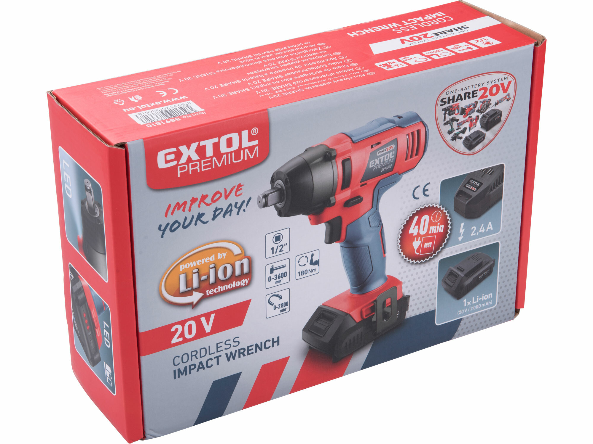 Uťahovač rázový aku Share20V, 1x 2Ah, 180Nm, EXTOL PREMIUM