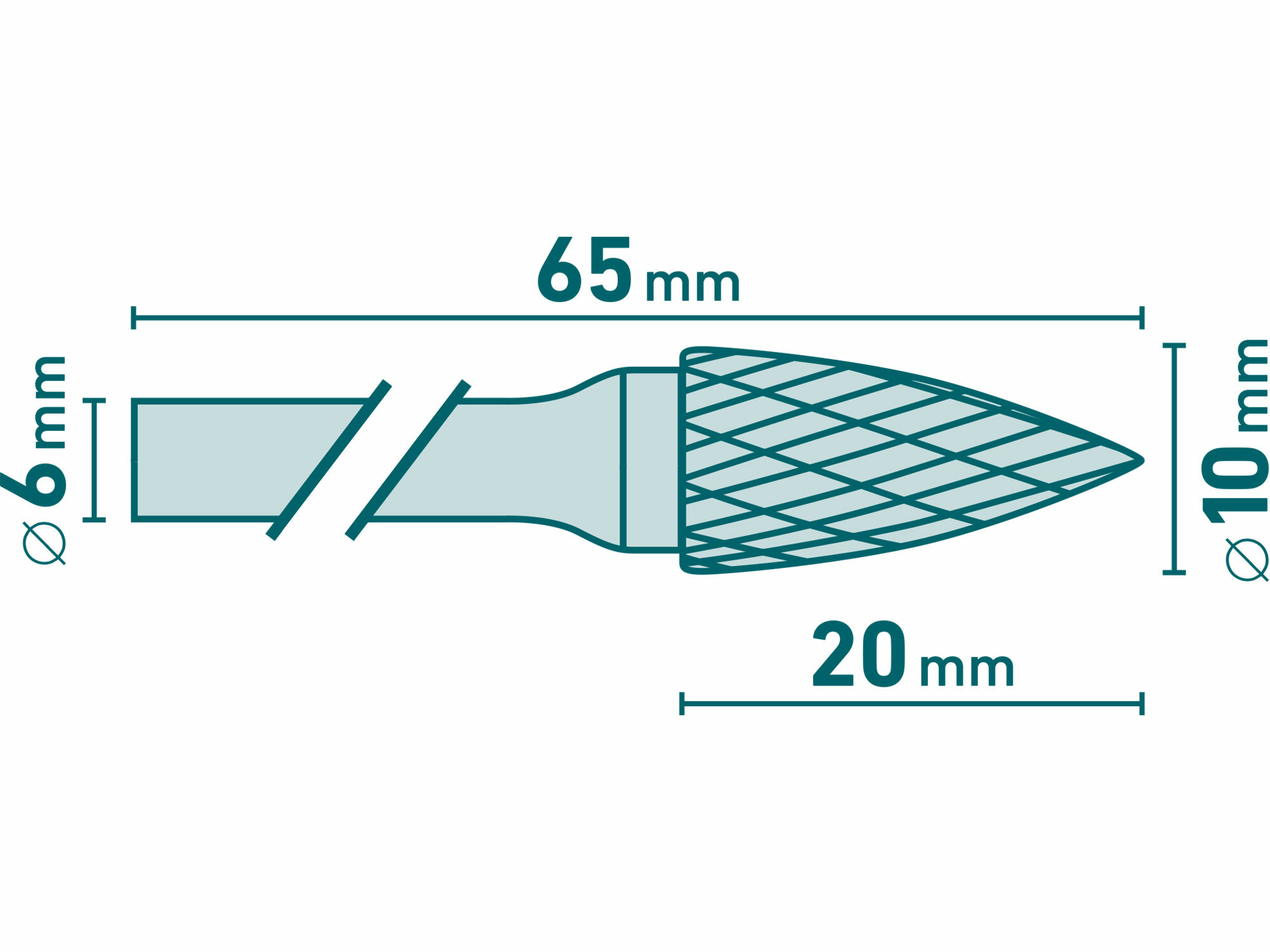 Fréza karbidová konvexná špicatá, Ø10mm, rezná dĺžka 20mm, stopka Ø6mm, EXTOL INDUSTRIAL