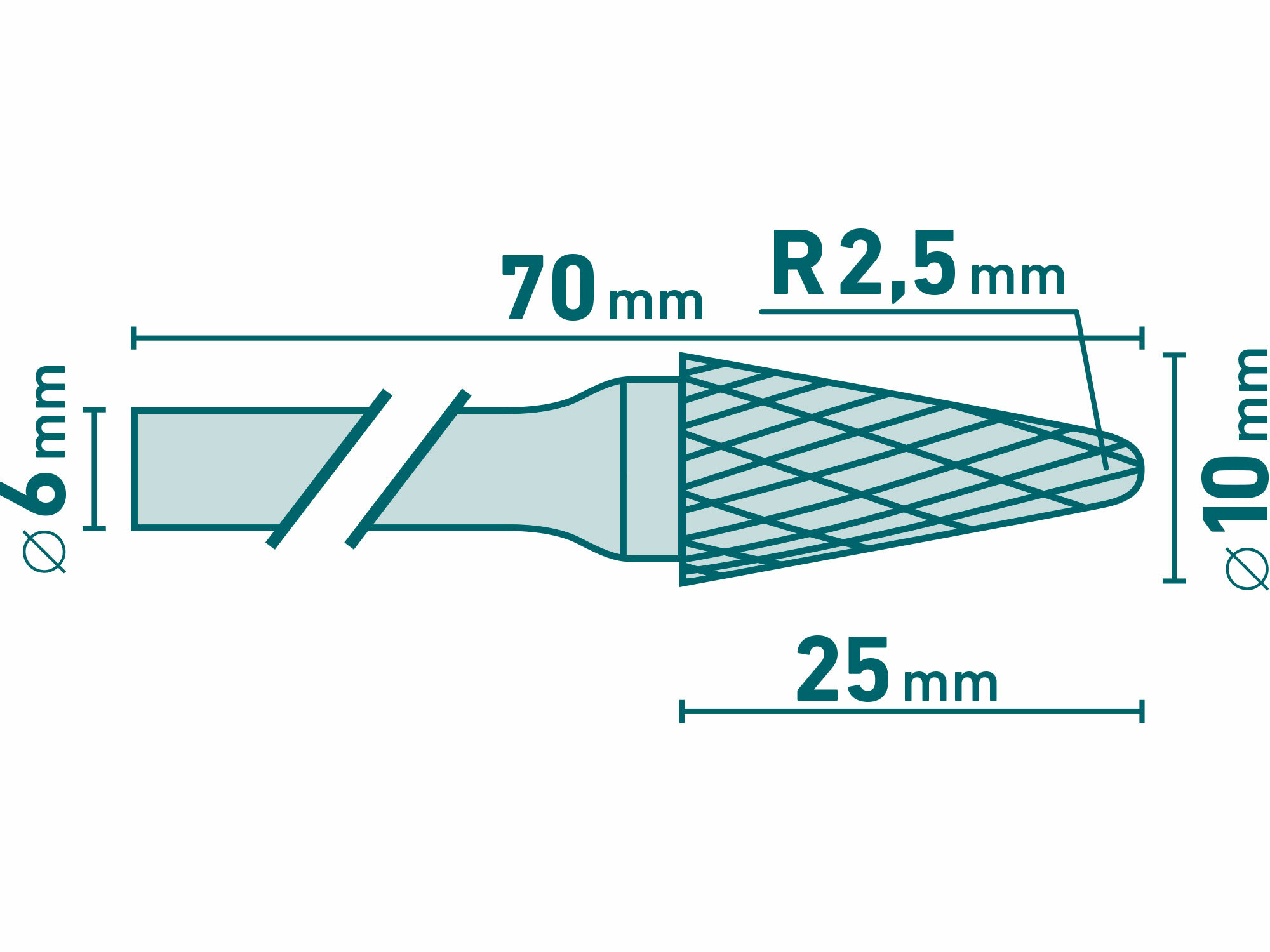 Fréza karbidová kónická, pologuľaté čelo, Ø10mm, rezná dĺžka 25mm, stopka Ø6mm, EXTOL INDUSTRIAL