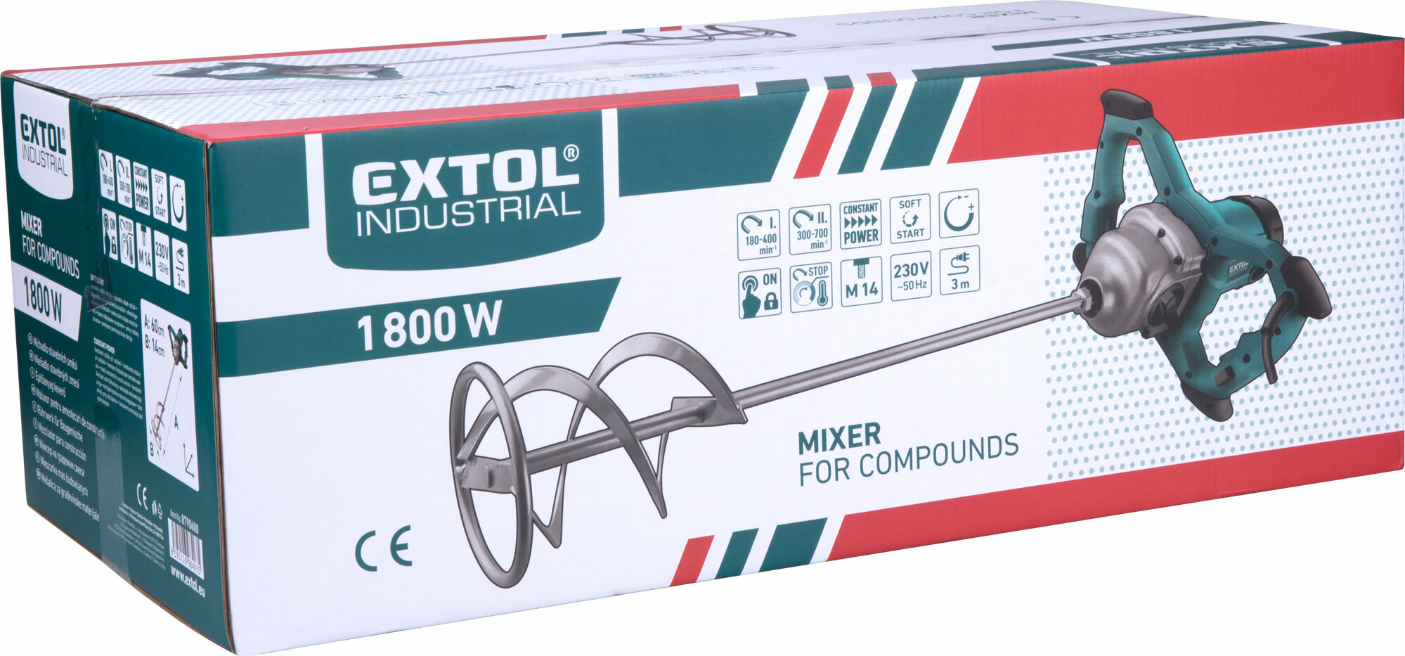 Miešadlo stavebné, 1800W, 2 rýchlosti, 180-400/300-700 ot./min, EXTOL INDUSTRIAL