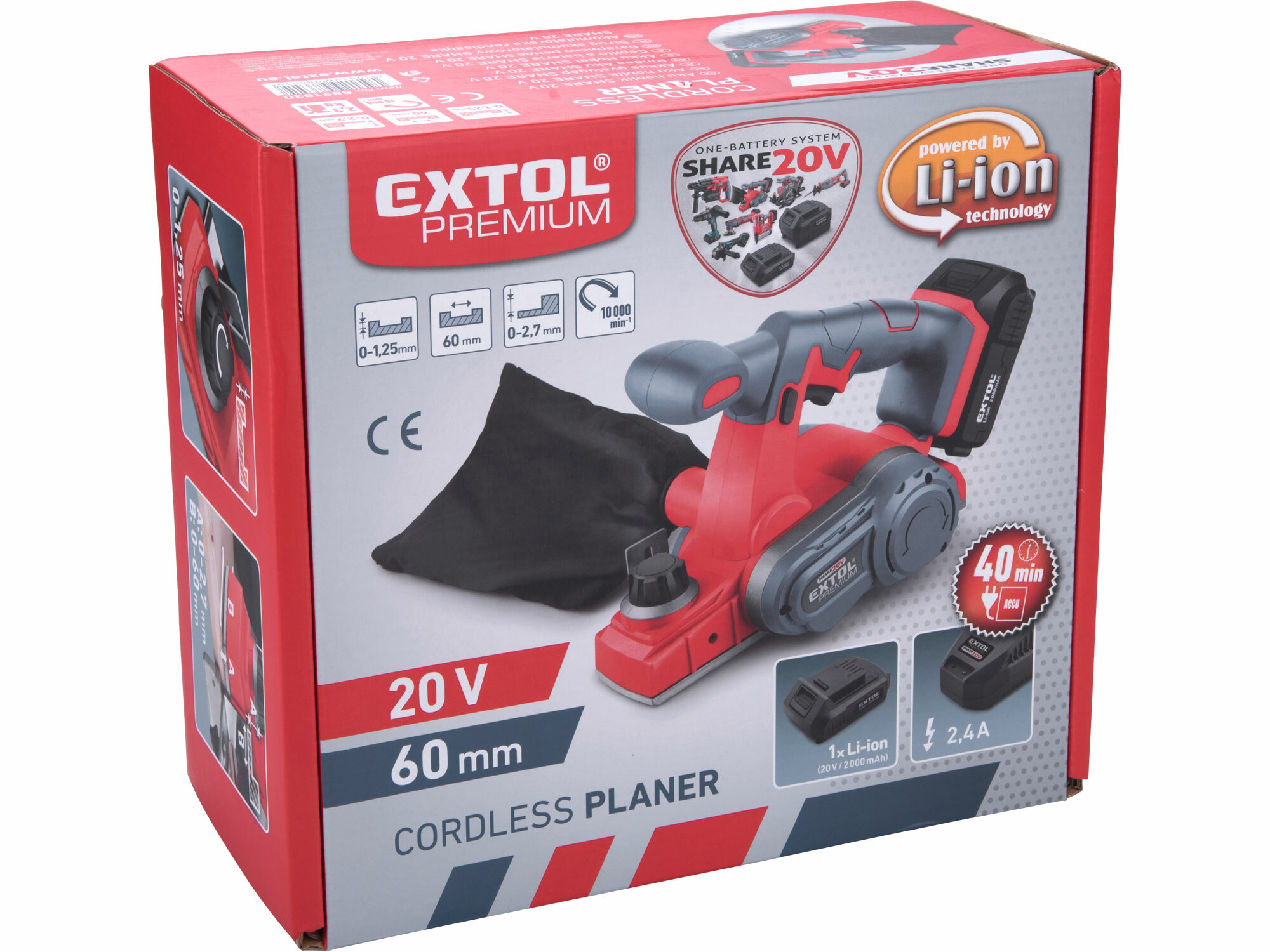 Hoblík falcovací aku Share20V, bez aku, hobľovacia šírka 60mm, EXTOL PREMIUM