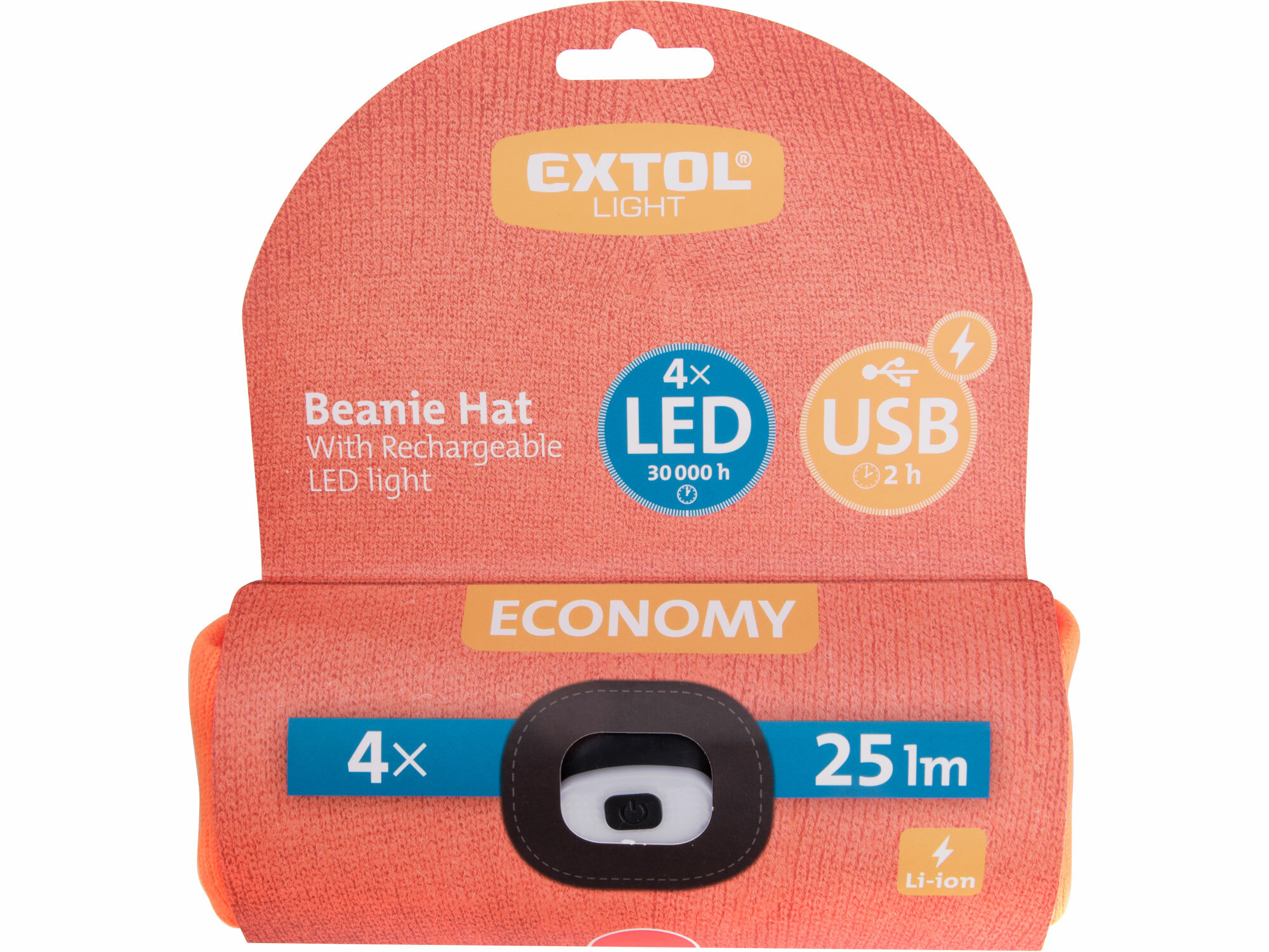 Čiapka oranžová s čelovým svetlom, LED 4x25lm, 250mAh Li-ion, nabíjanie cez USB, EXTOL LIGHT