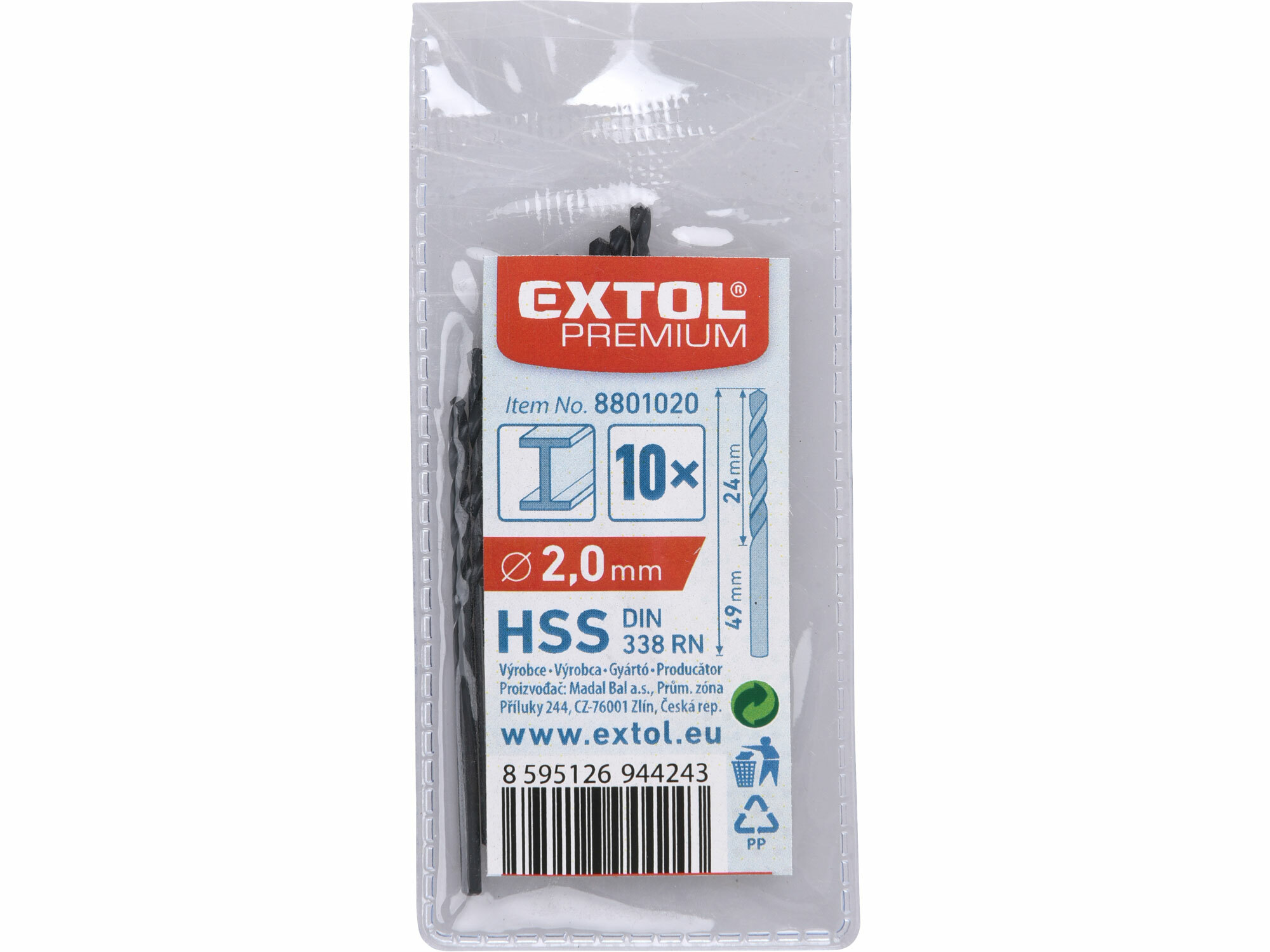 Vrták do kovu 10ks, HSS, DIN338, Ø2,0mm, EXTOL PREMIUM