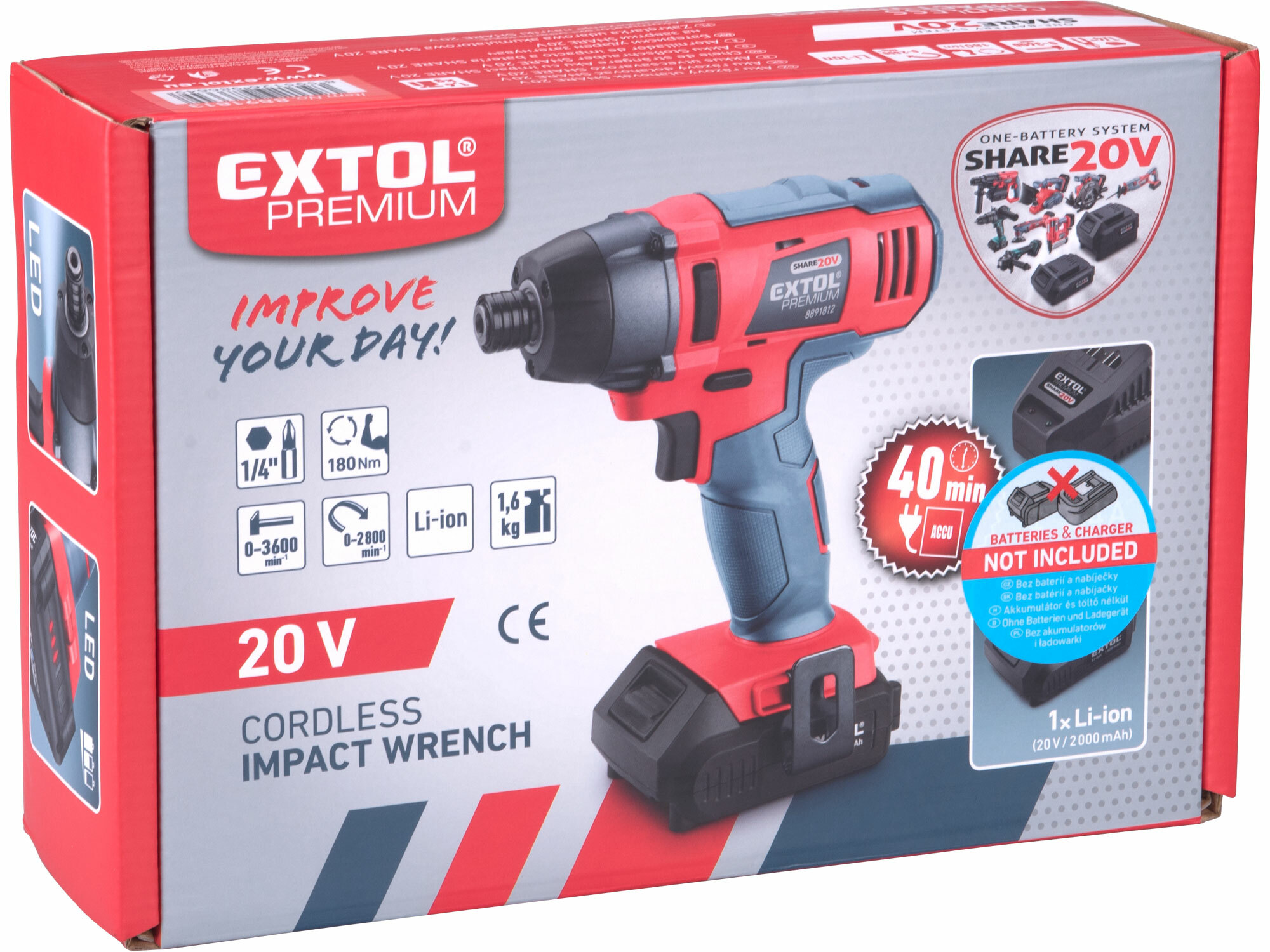 Uťahovač rázový aku Share20V, bez aku, 1/4" šesťhran na bity, 180Nm, EXTOL PREMIUM