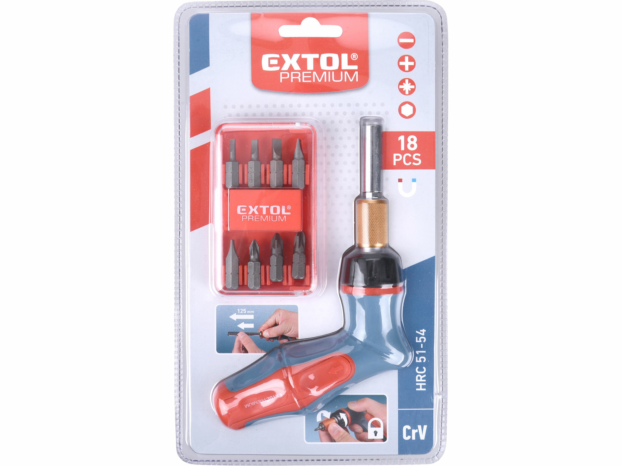 Skrutkovač na bity račňový, 18-dielna sada, EXTOL PREMIUM