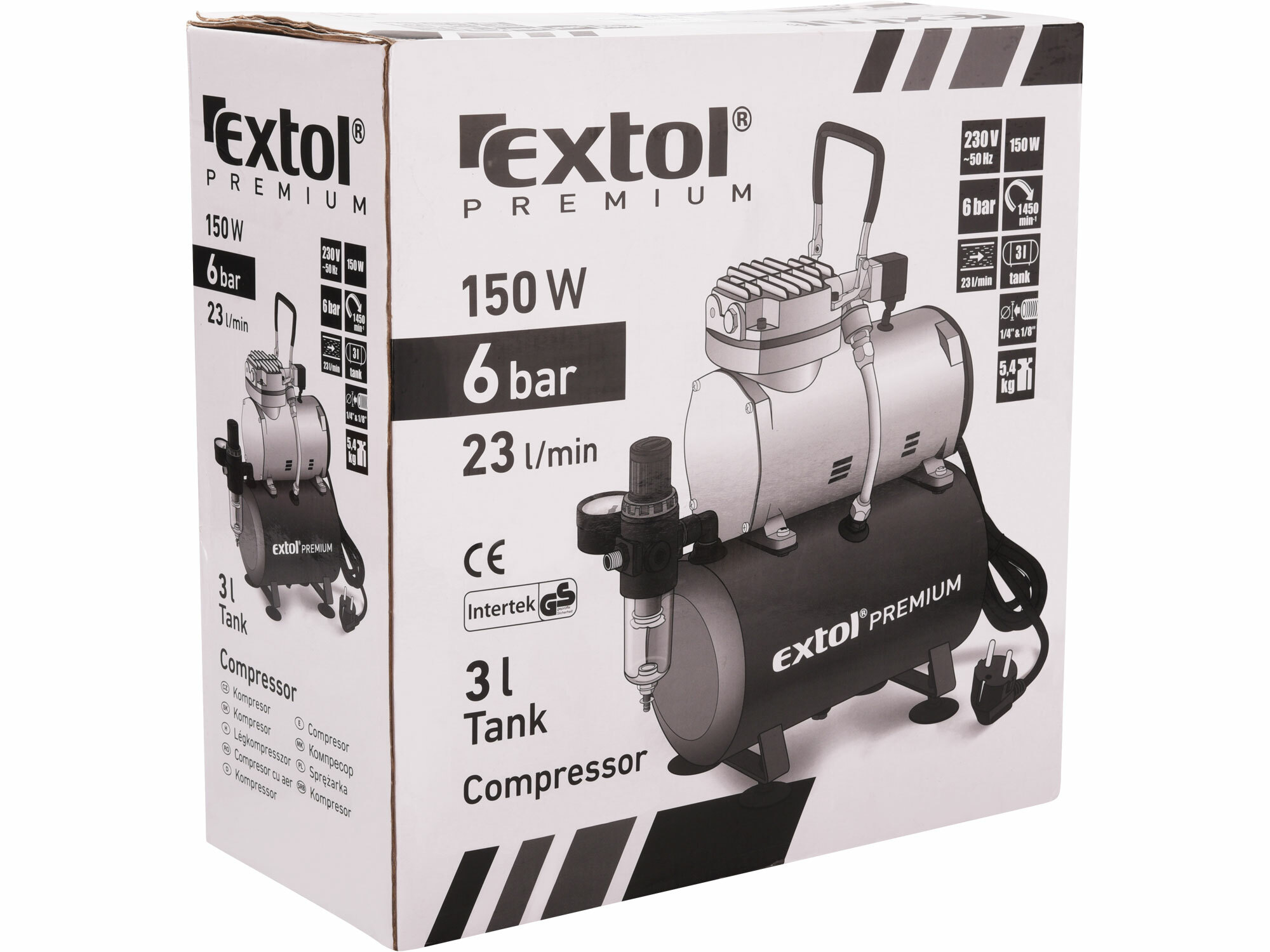 Kompresor bezolejový, príkon 150W, prac. tlak 600kPa, nádrž 3l, EXTOL PREMIUM