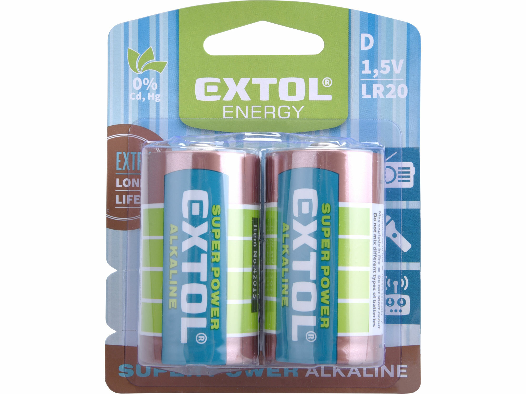 Batéria alkalická 2ks, 1,5V, typ D, EXTOL ENERGY