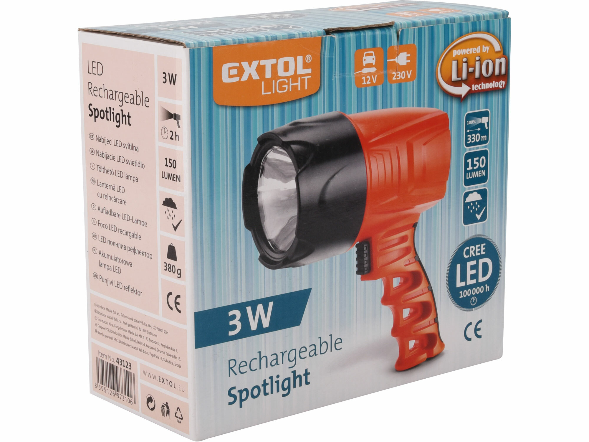Svietidlo nabíjateľné 3W CREE LED, 150lm, 3.7V Li-ion 1,5Ah, max. dosvit 330m, EXTOL LIGHT