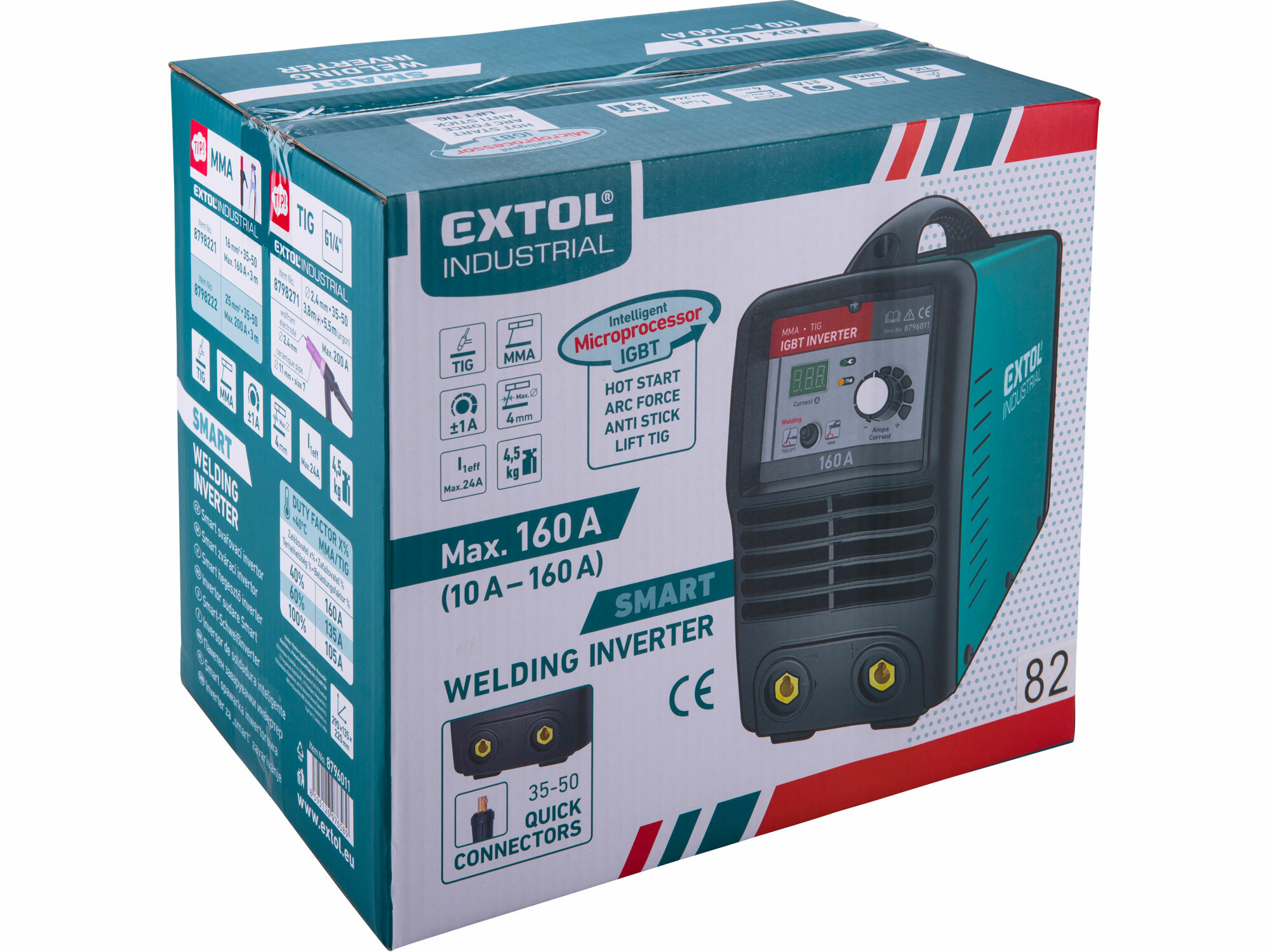 Invertor zvárací 10-160A, príkon 5,2kW, 62V, MMA a TIG, EXTOL INDUSTRIAL