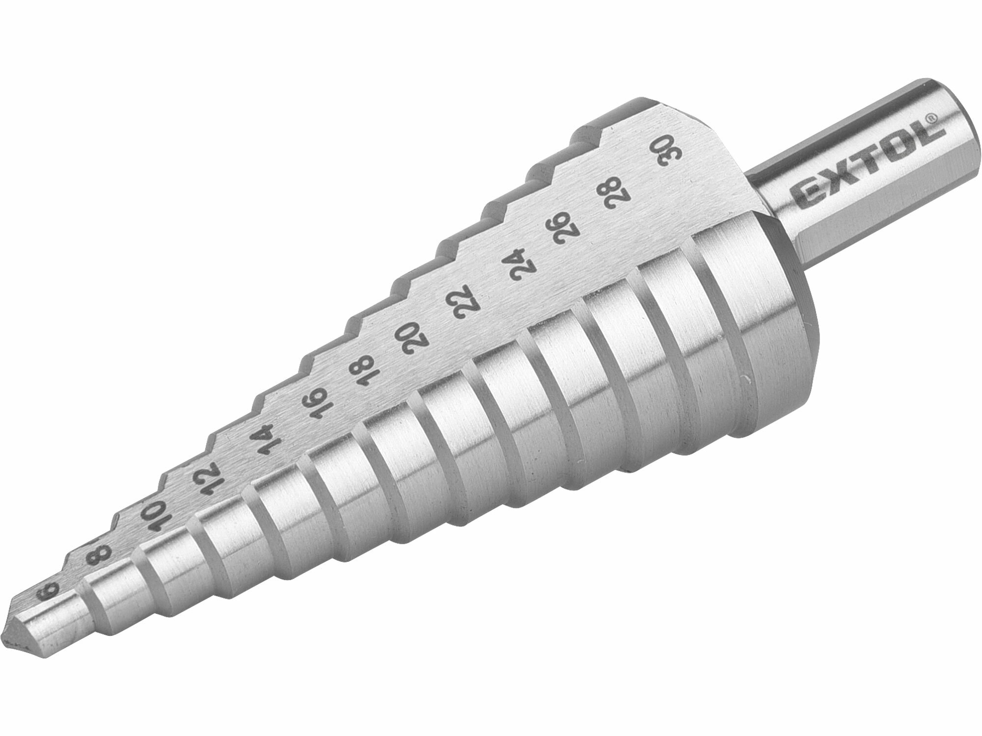 Vrták stupňovitý 6-30mm, stupňovanie 2mm, 13 otvorov, stopka pr.10mm, dĺžka 95mm, HSS, DIN 1412C