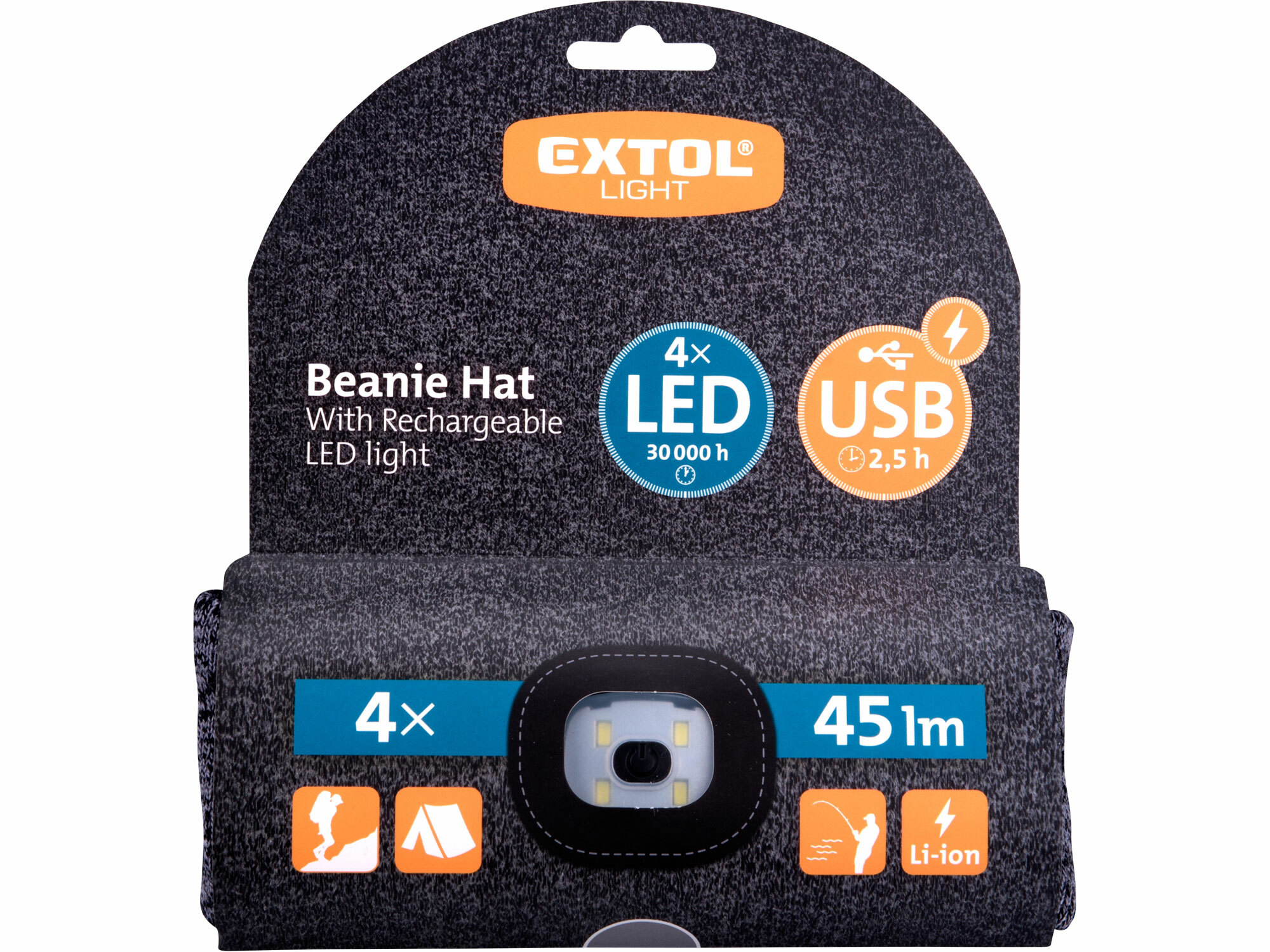 Čiapka sivá/čierna s čelovým svetlom, LED 4x45lm, 300mAh Li-ion, nabíjanie cez USB, EXTOL LIGHT