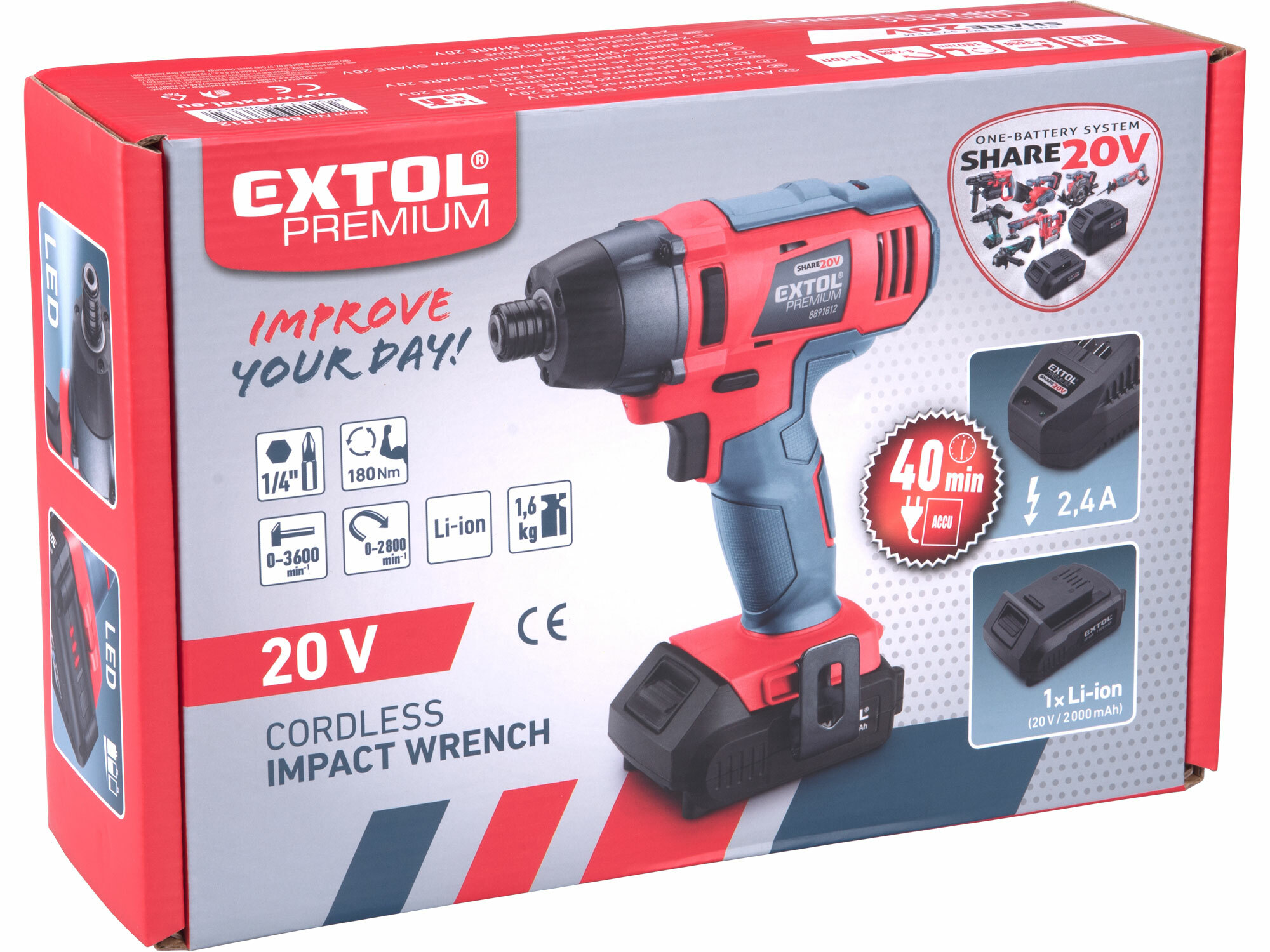 Uťahovač rázový aku Share20V, 1x 2Ah, 1/4" šesťhran na bity, 180Nm, EXTOL PREMIUM