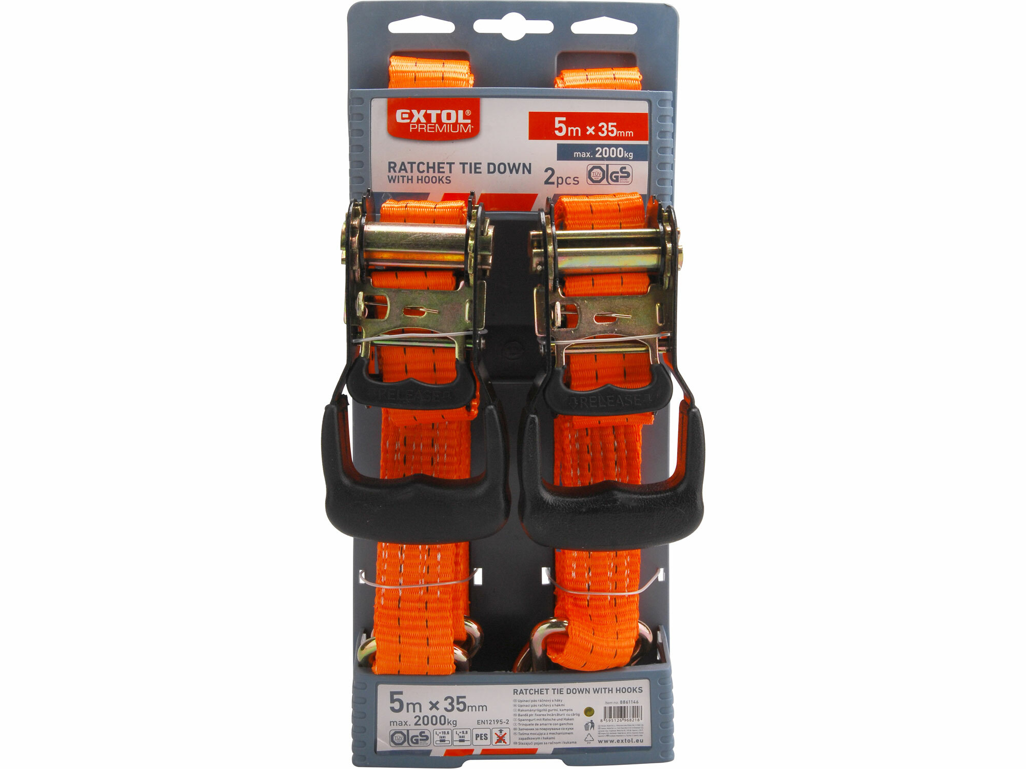 Pás sťahovací "gurtňa" s 2 hákmi, 5m x 35mm, sada 2ks, max. 2000kg, GS, EXTOL PREMIUM