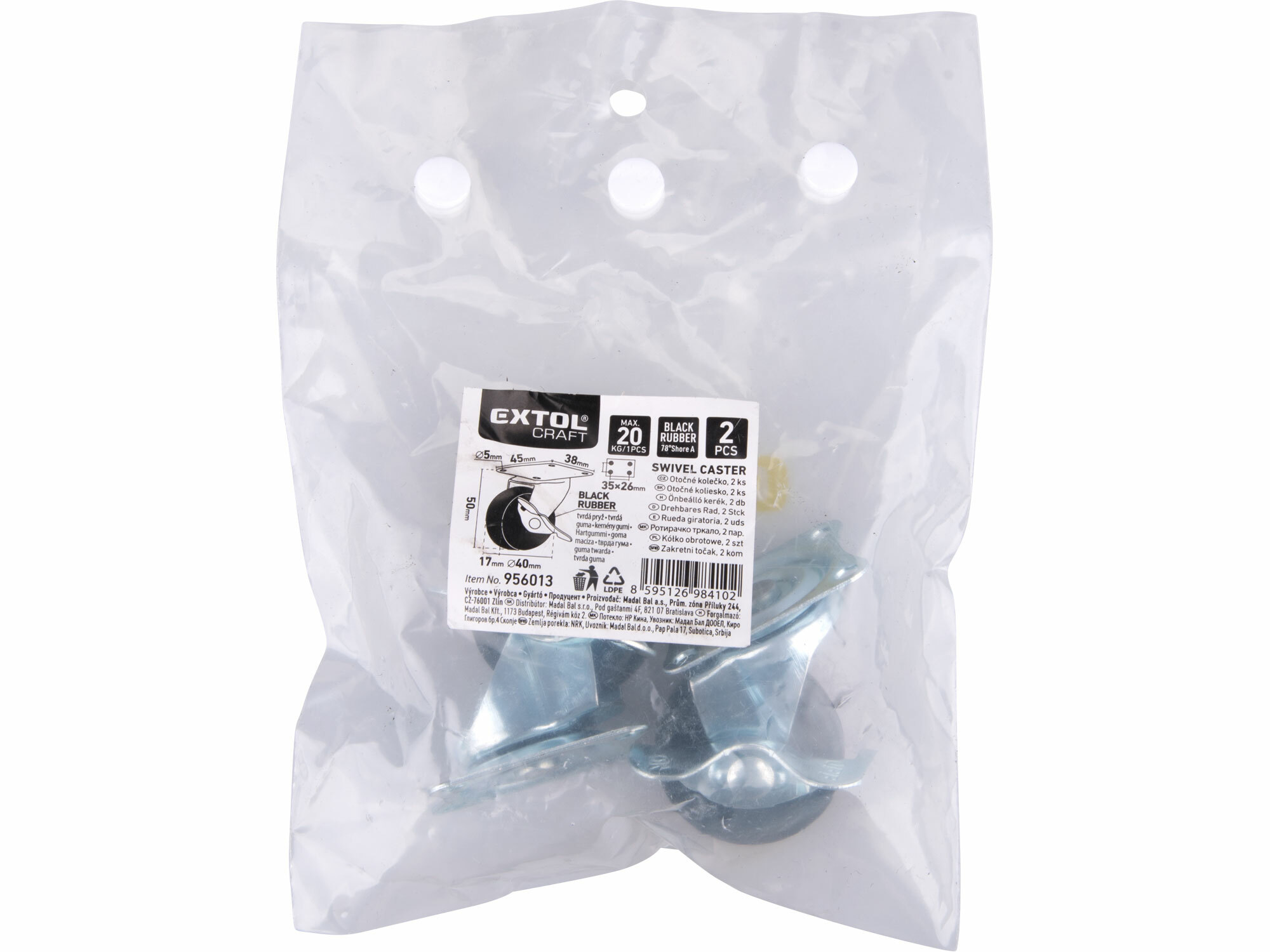 Kolieska otočné s brzdou 2ks, Ø40mm, max. 20kg/1ks, EXTOL CRAFT