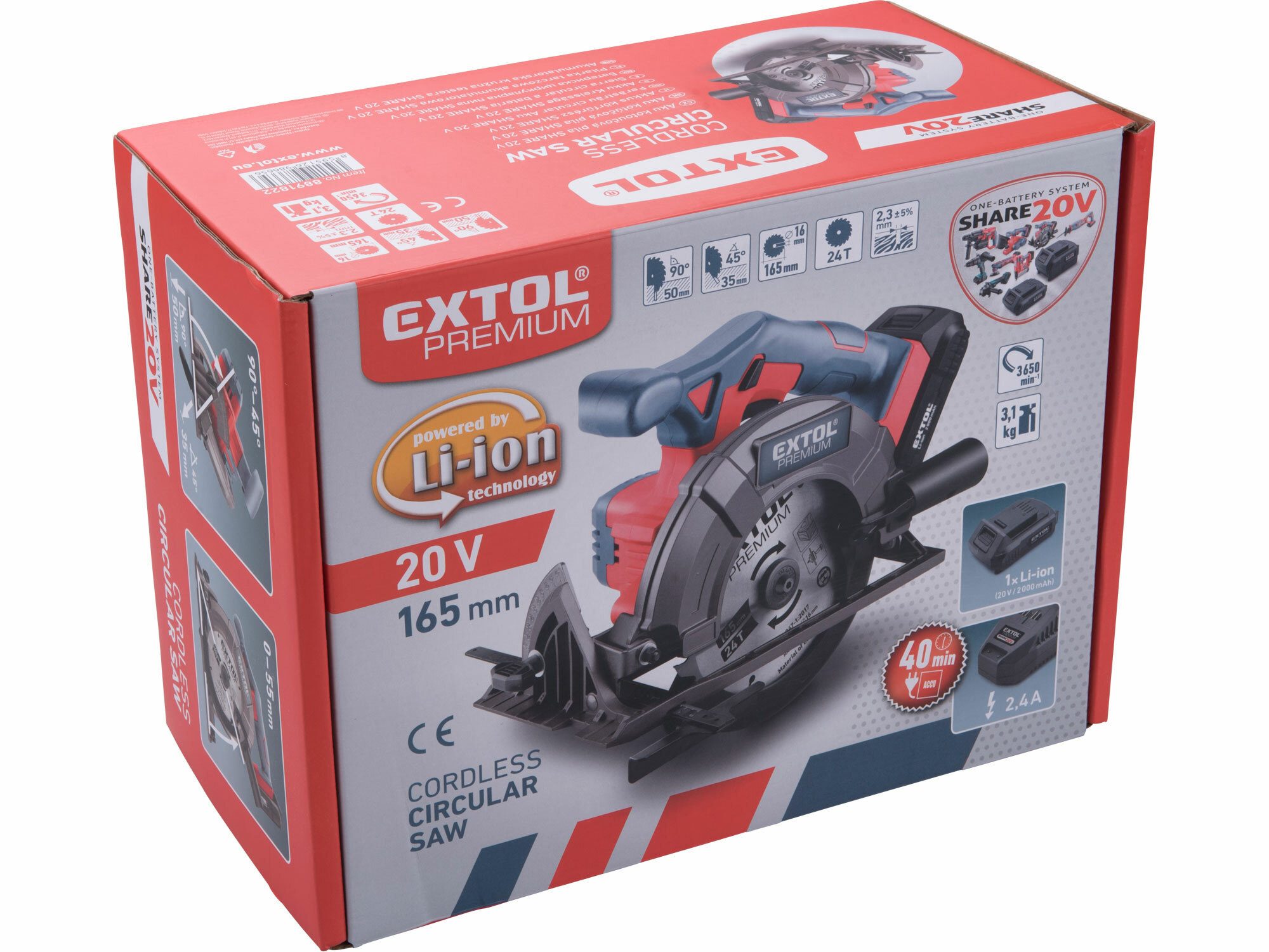 Píla kotúčová aku Share20V, 1x 2Ah, kotúč 165mm, EXTOL PREMIUM