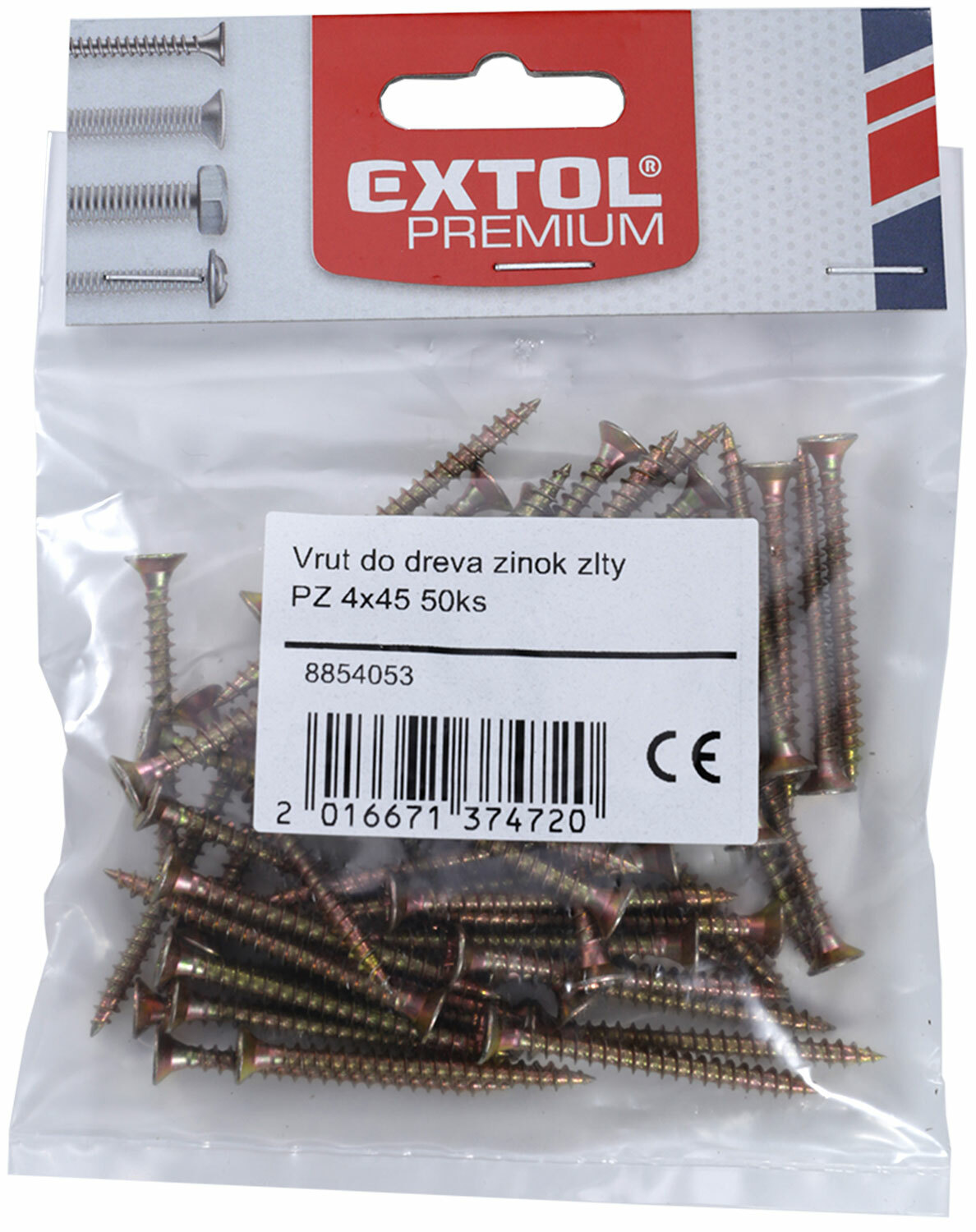 Vrut do dreva tvrdený zinok žltý, 50ks, 4x45, EXTOL PREMIUM