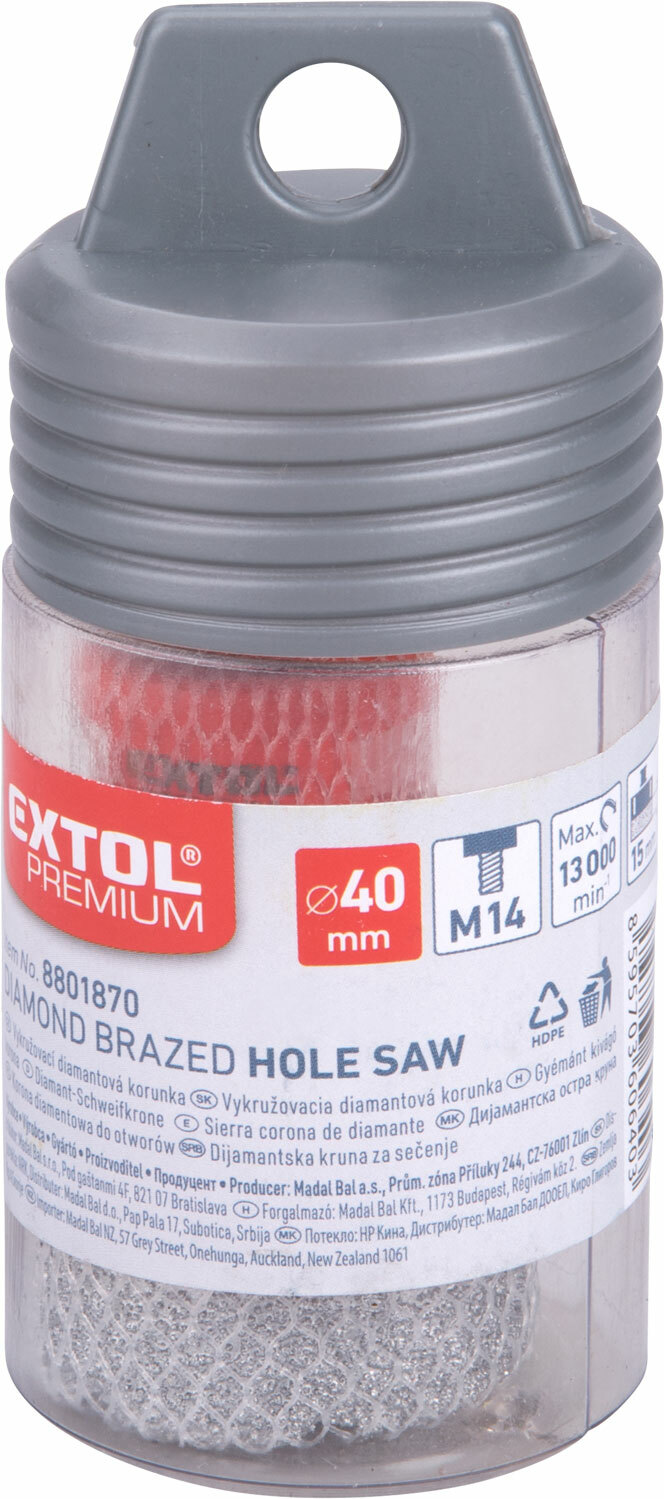 Vrták korunkový diamantový do uhlovej brúsky, Ø40mm, EXTOL PREMIUM
