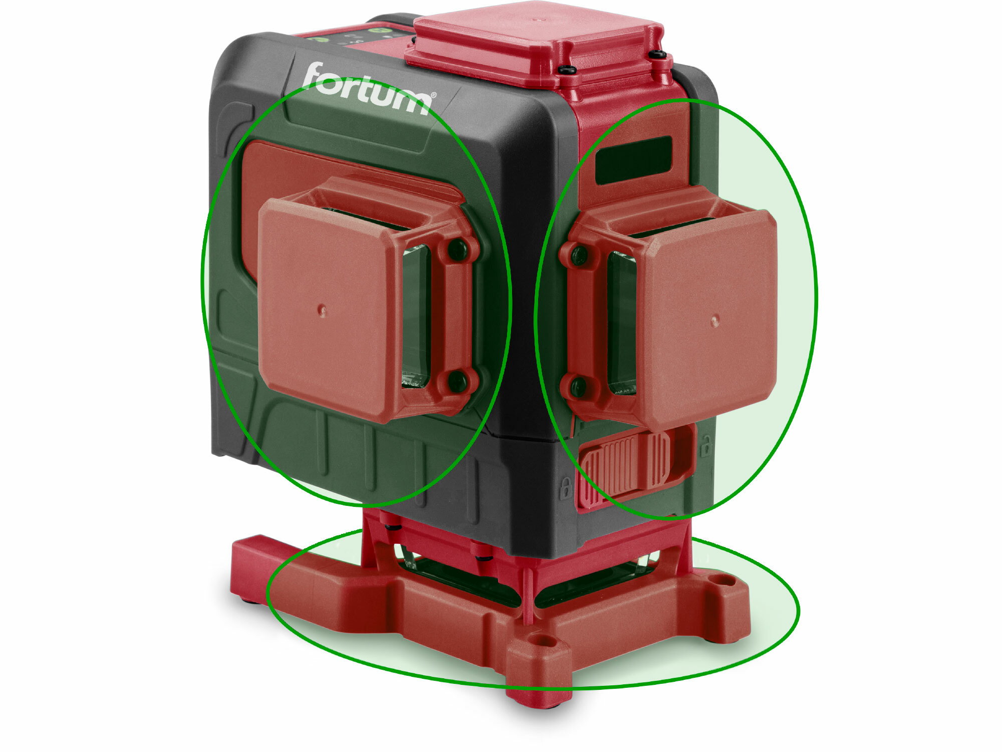 Laser líniový, krížový samonivelačný, zelený, 3D (3x360°), Li-ion akumulátor, USB nabíjanie, FORTUM