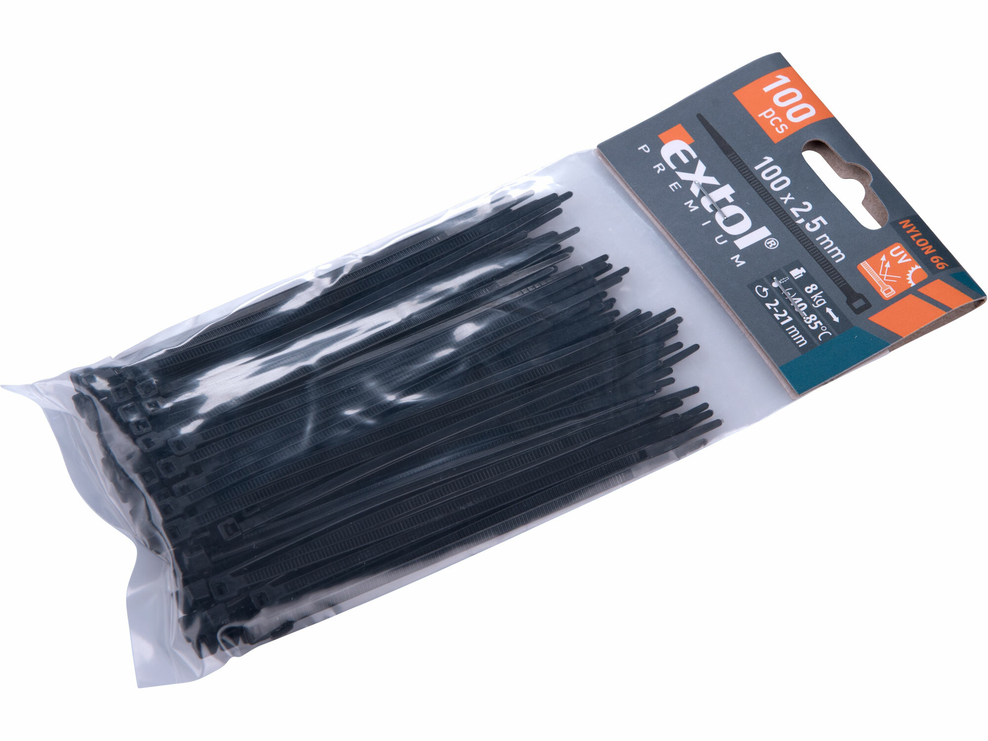 Pásky sťahovacie čierne, 2,5x100mm, 100ks, Ø22mm, 8kg, nylon PA66, EXTOL PREMIUM