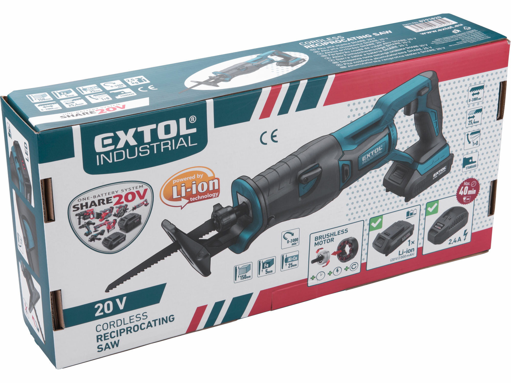 Píla chvostová aku Share20V, 1x 2Ah, zdvih 25,4mm, bezuhlíkový motor, EXTOL INDUSTRIAL