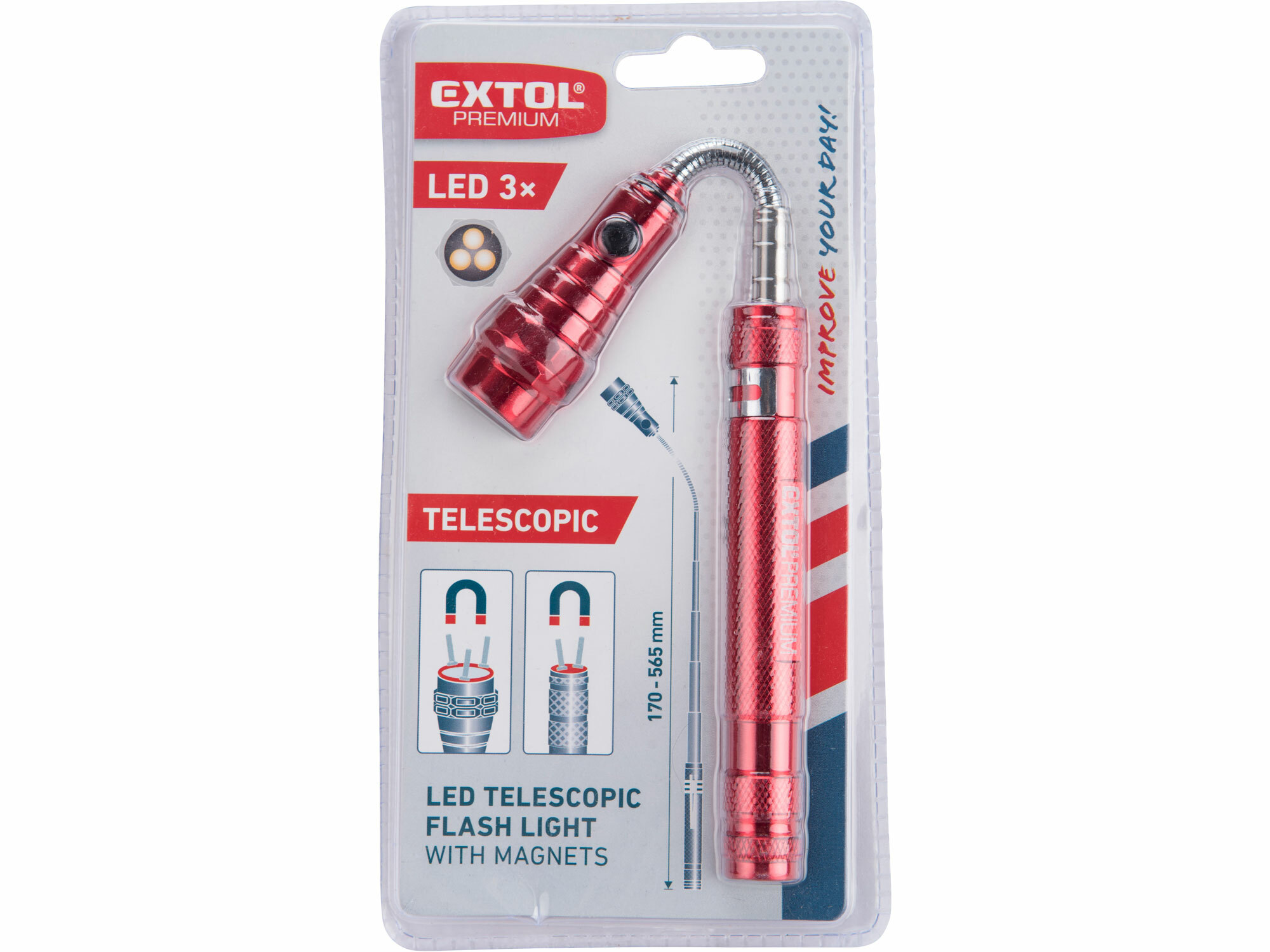 Držiak teleskopický ohybný s magnetom a LED svetlom, 170-565mm, EXTOL PREMIUM