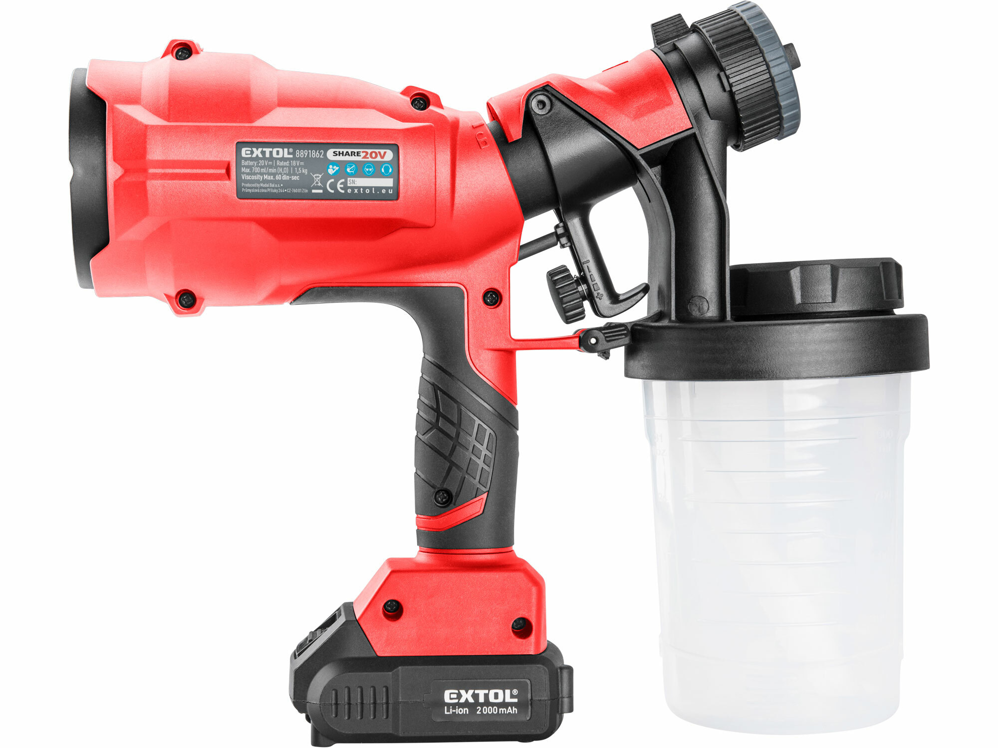 Pištoľ striekacia aku Share20V, 1x 2Ah, 700ml/min, EXTOL PREMIUM