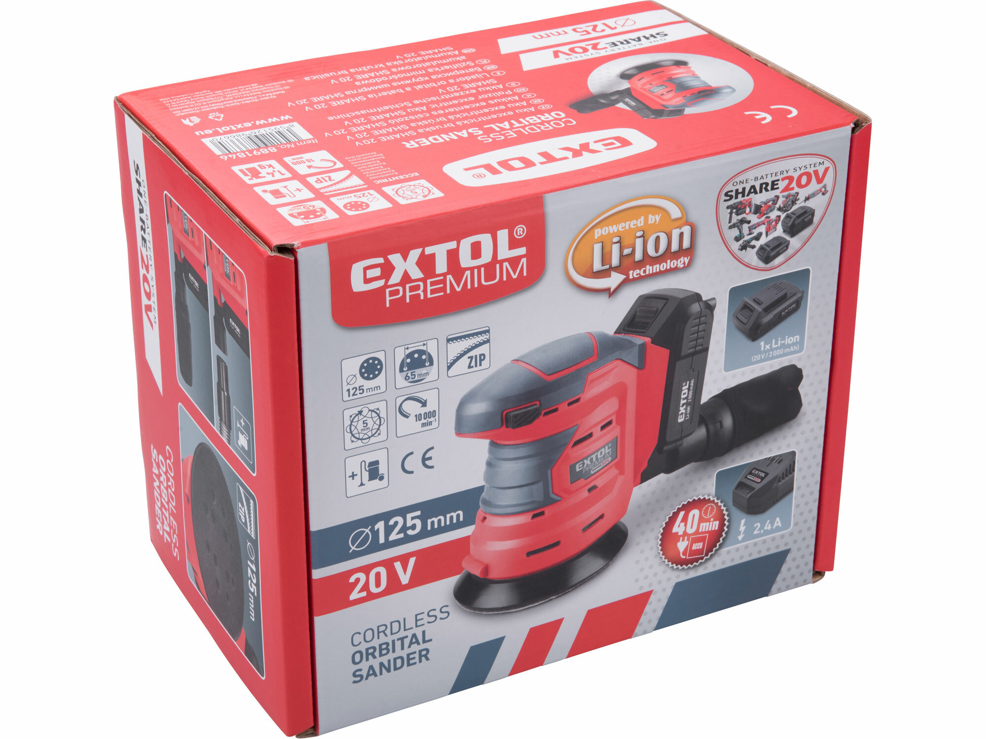 Brúska excentrická aku Share20V, 1x 2Ah, Ø125mm, EXTOL PREMIUM
