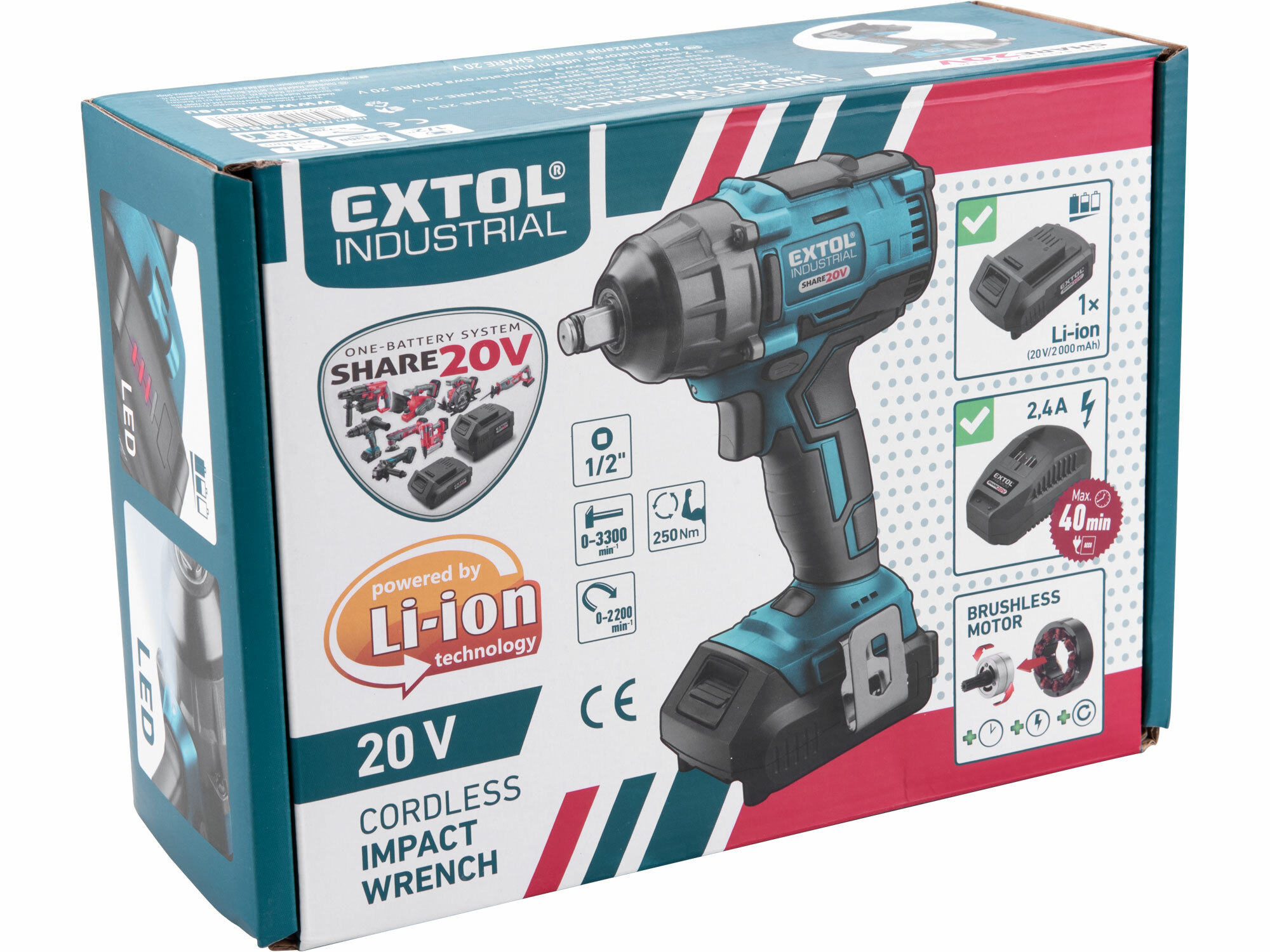 Uťahovač rázový aku Share20V, 1x 2Ah, 250Nm, bezuhlíkový motor, EXTOL INDUSTRIAL