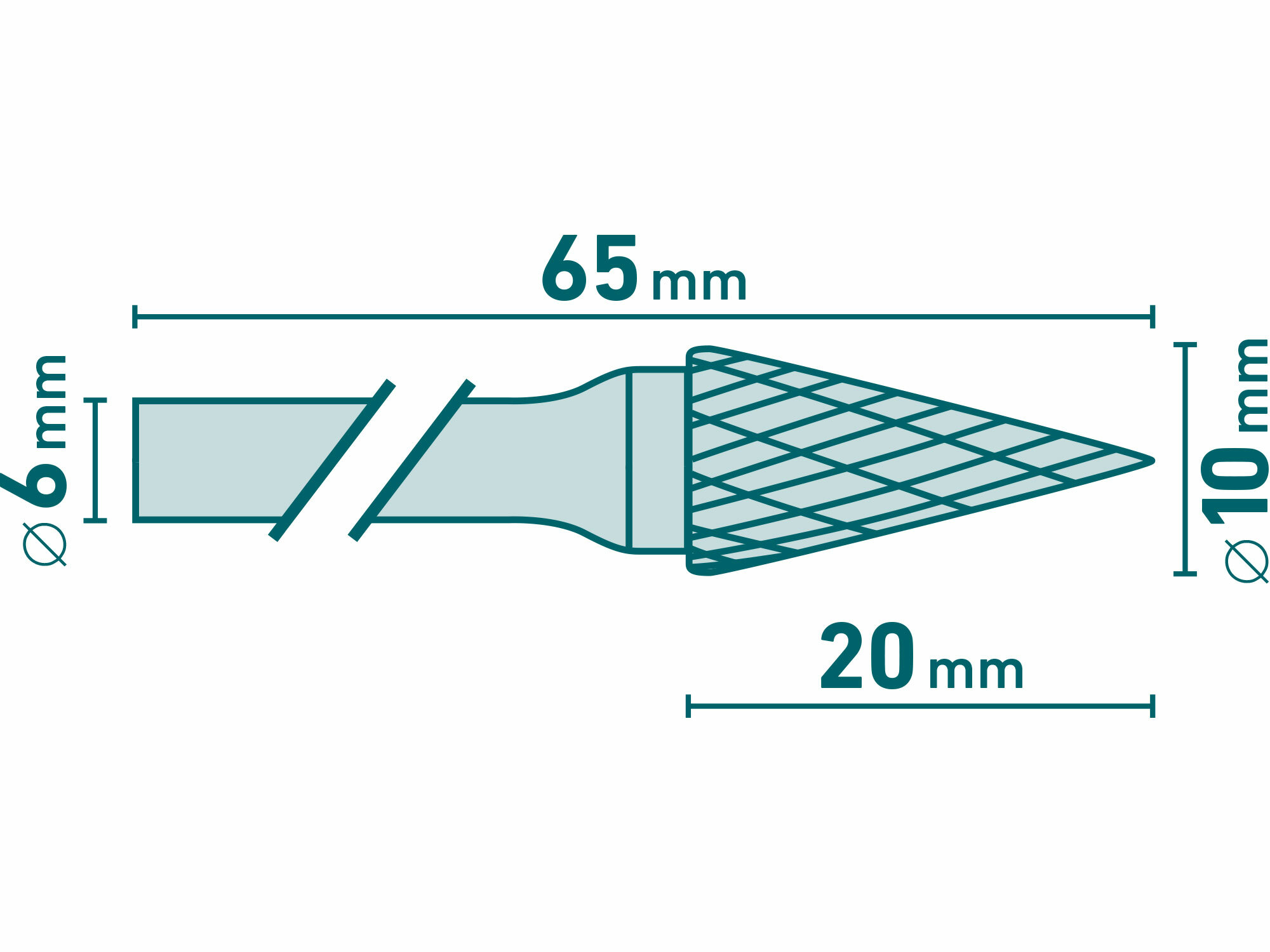 Fréza karbidová kónická špicatá, Ø10mm, rezná dĺžka 20mm, stopka Ø6mm, EXTOL INDUSTRIAL