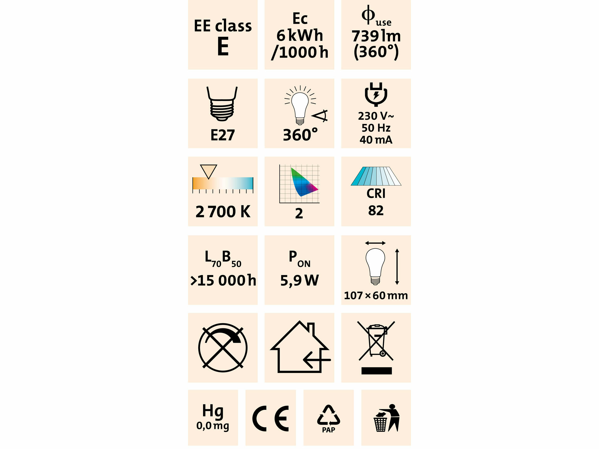 Žiarovka LED číra, 6W, 600lm, E27, EXTOL LIGHT