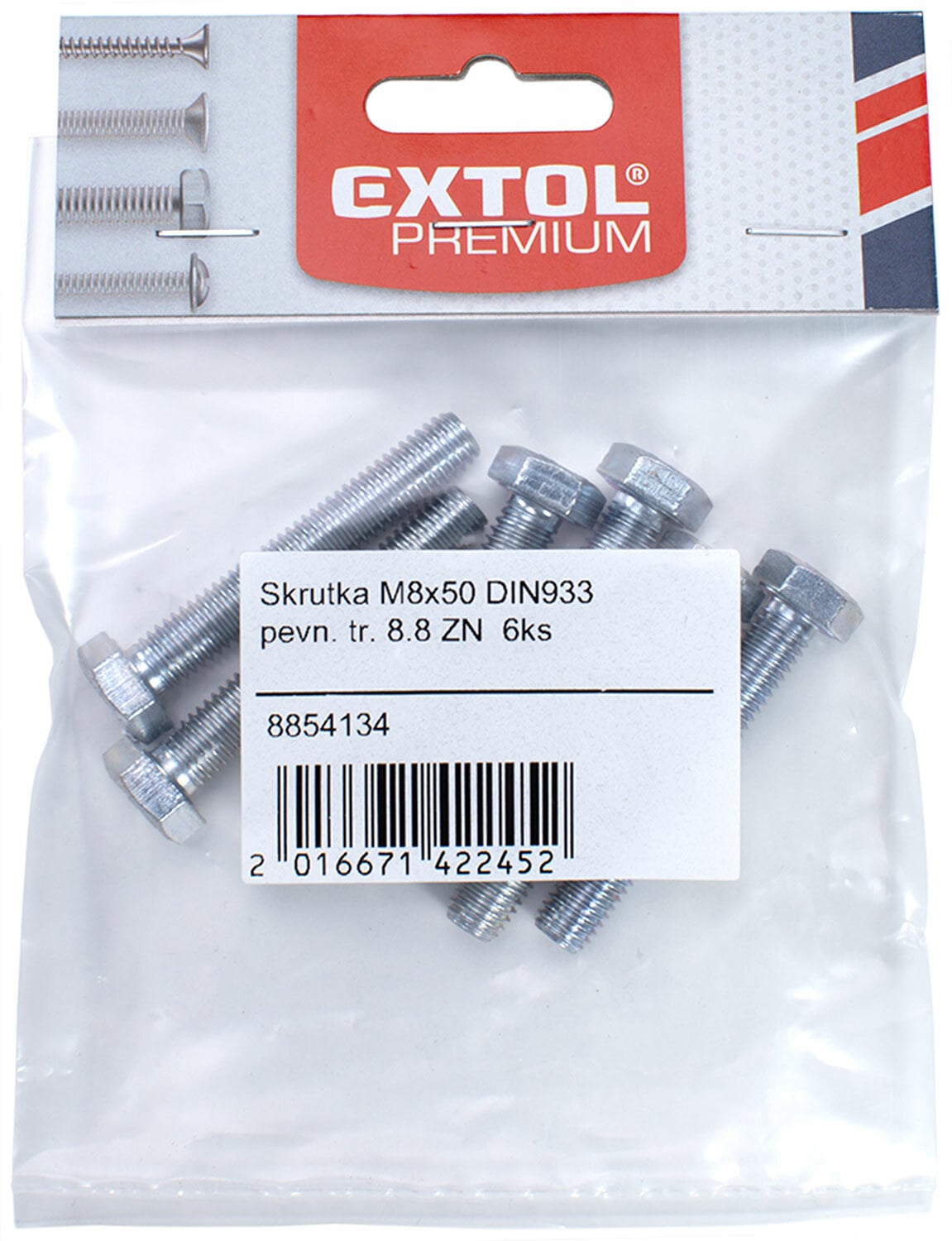 Skrutka DIN933 pevnostná tr. 8.8 ZN, 6ks, M8x40, EXTOL PREMIUM