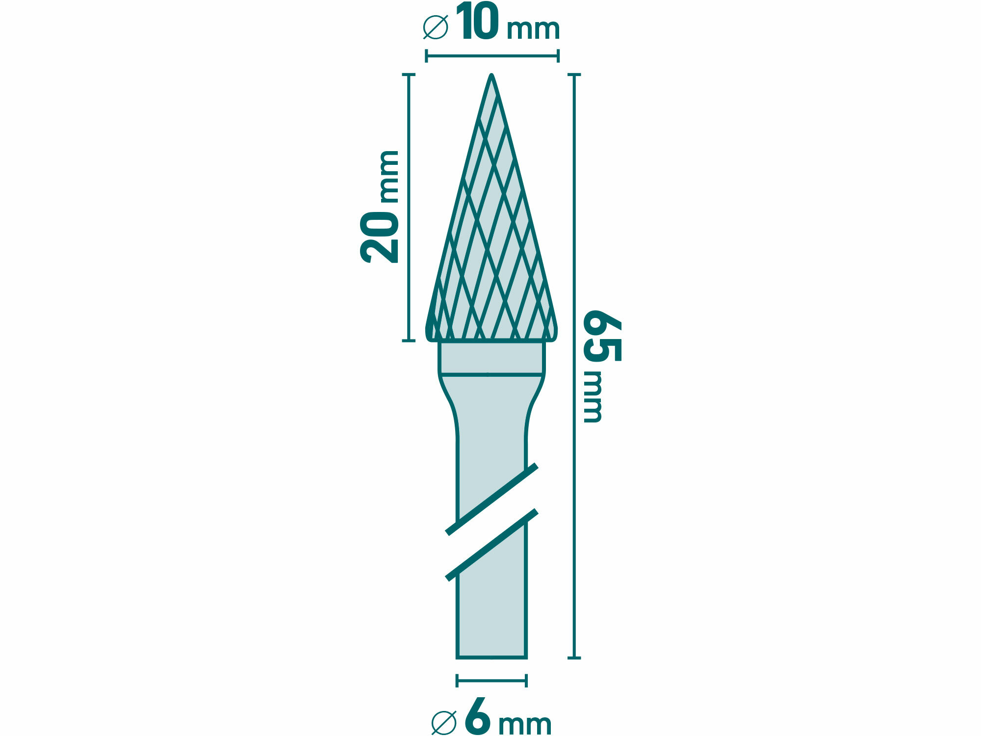 Fréza karbidová kónická špicatá, Ø10mm, rezná dĺžka 20mm, stopka Ø6mm, EXTOL INDUSTRIAL