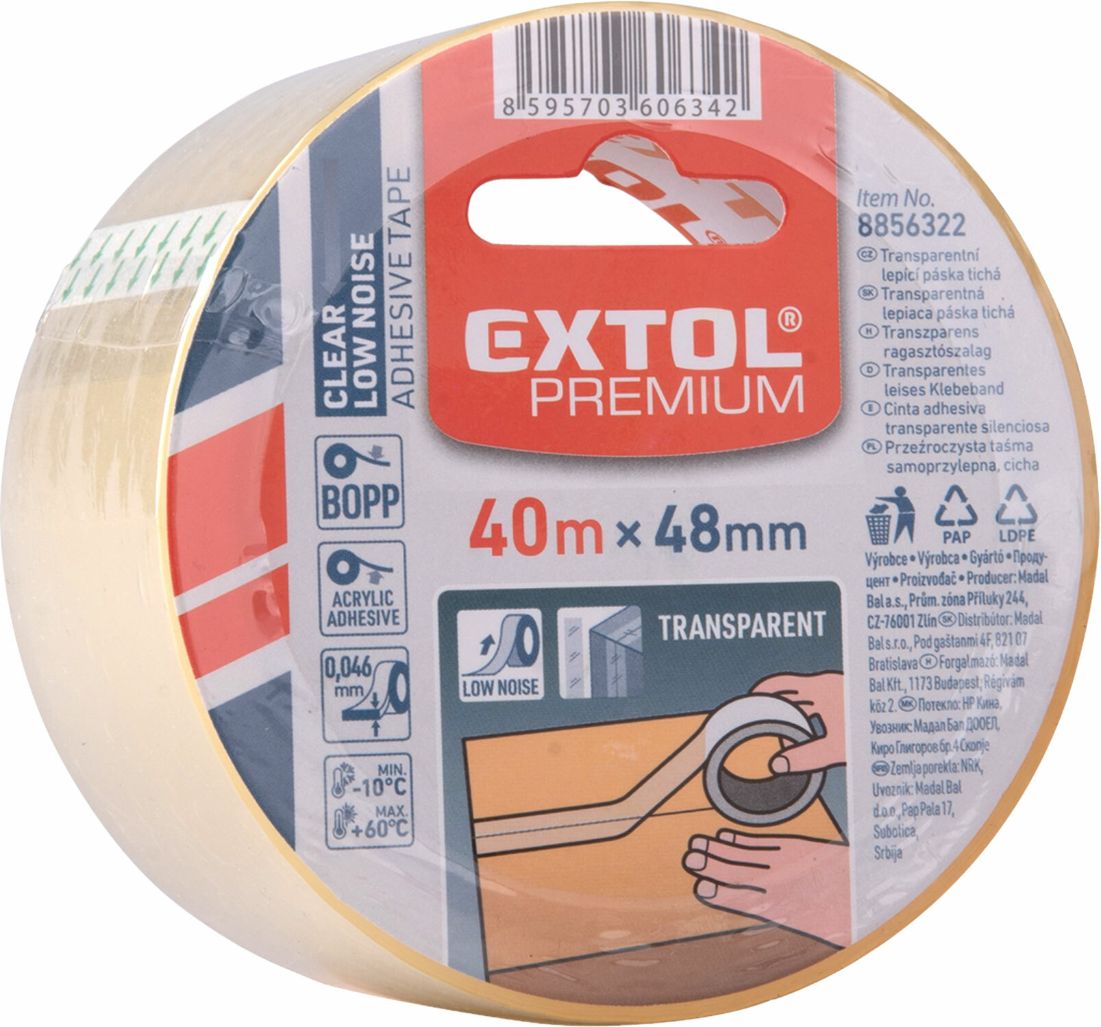 Páska lepiaca transparentná, PP/akryl, 48mm x 40m, hrúbka 0,046mm, tichá, EXTOL PREMIUM