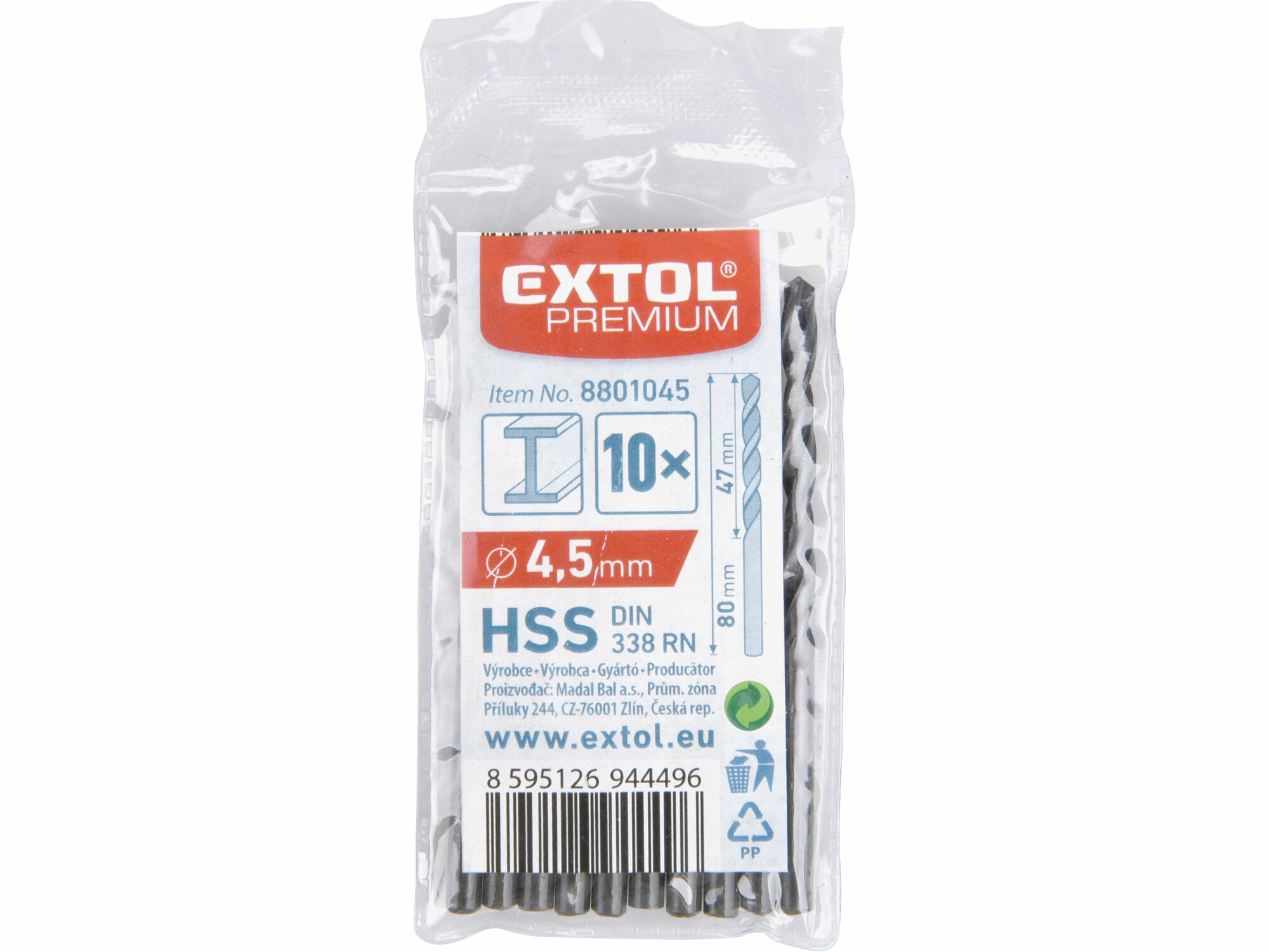 Vrták do kovu 10ks, HSS, DIN338, Ø4,5mm, EXTOL PREMIUM