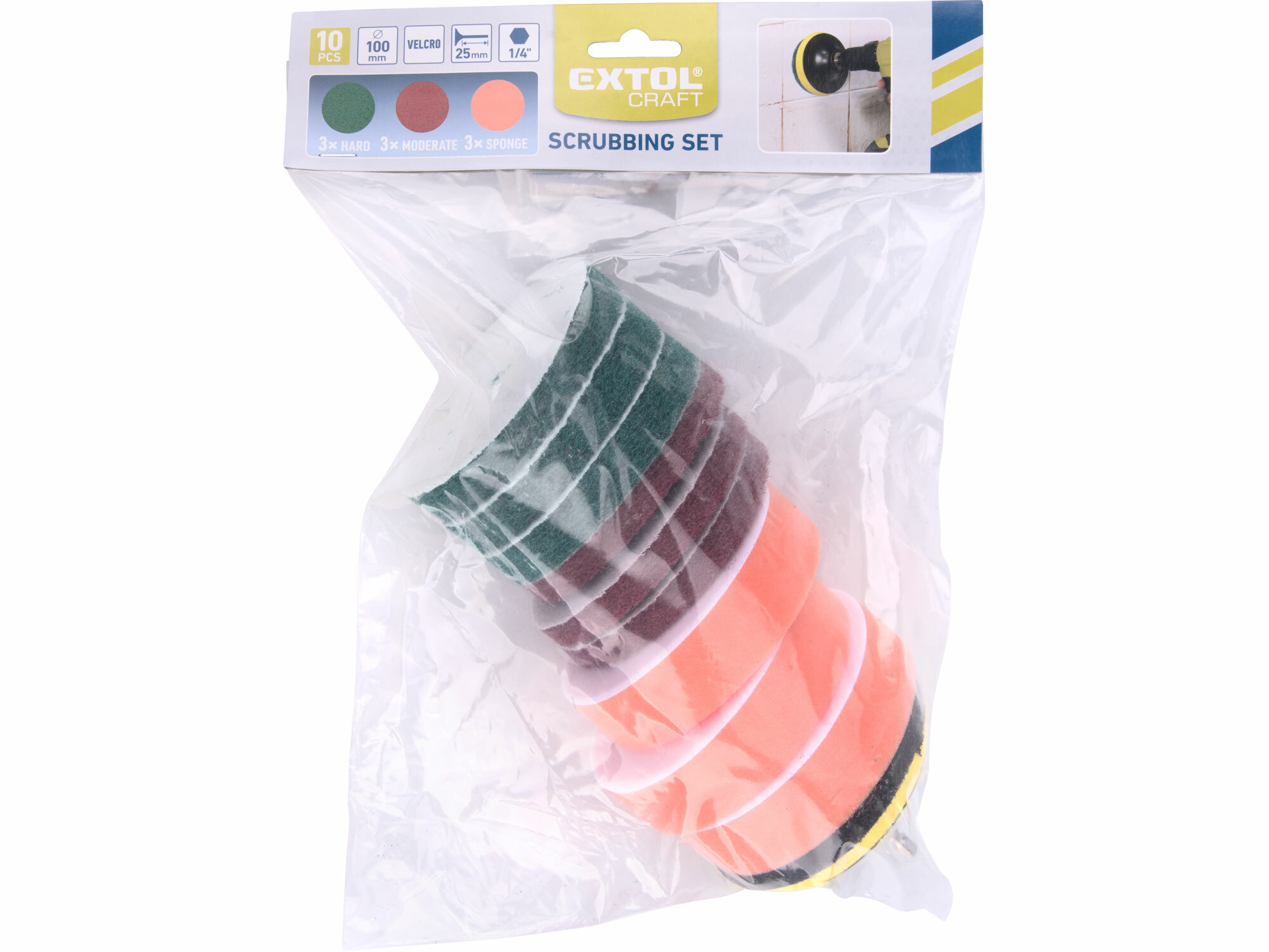 Sada na čistenie do vŕtačky, unášací tanier 100mm, 3x špongia, 6x abrazívny výsek