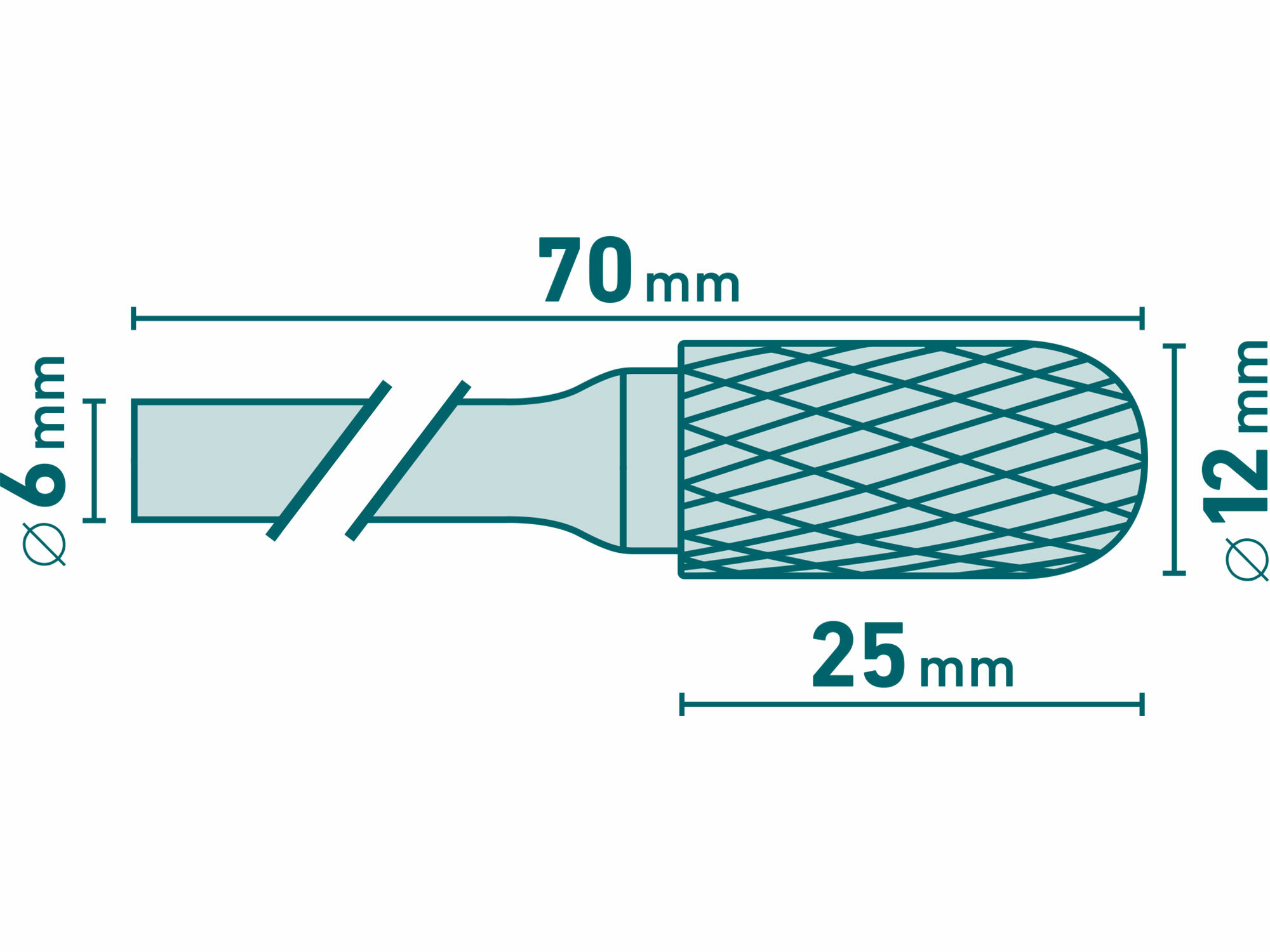 Fréza karbidová valcová, pologuľaté čelo, Ø12mm, rezná dĺžka 25mm, stopka Ø6mm, EXTOL INDUSTRIAL