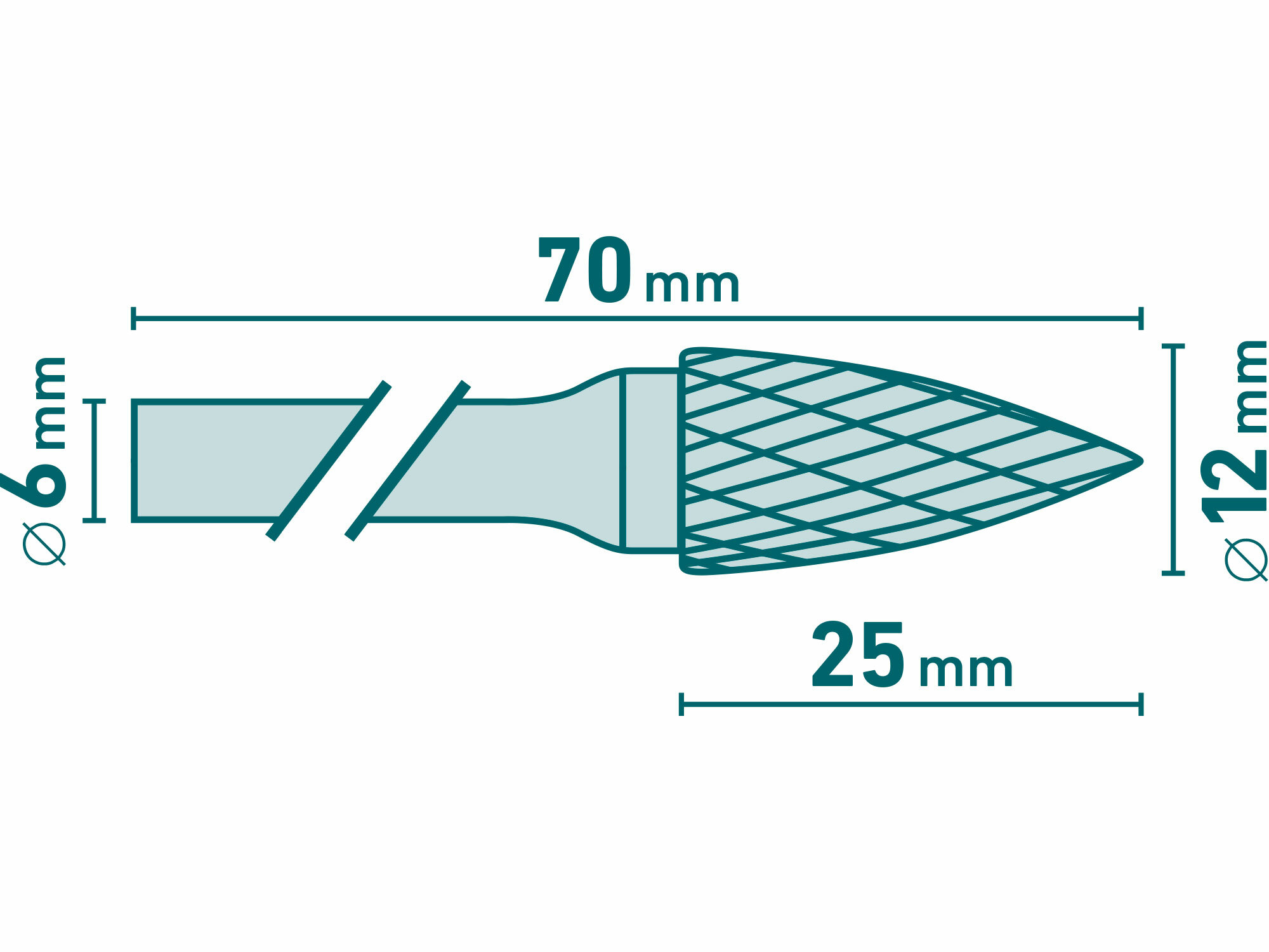 Fréza karbidová konvexná špicatá, Ø12mm, rezná dĺžka 25mm, stopka Ø6mm, EXTOL INDUSTRIAL