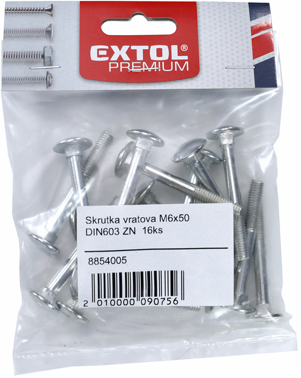 Skrutka vratová DIN603 ZN, 8ks, 8x40, EXTOL PREMIUM