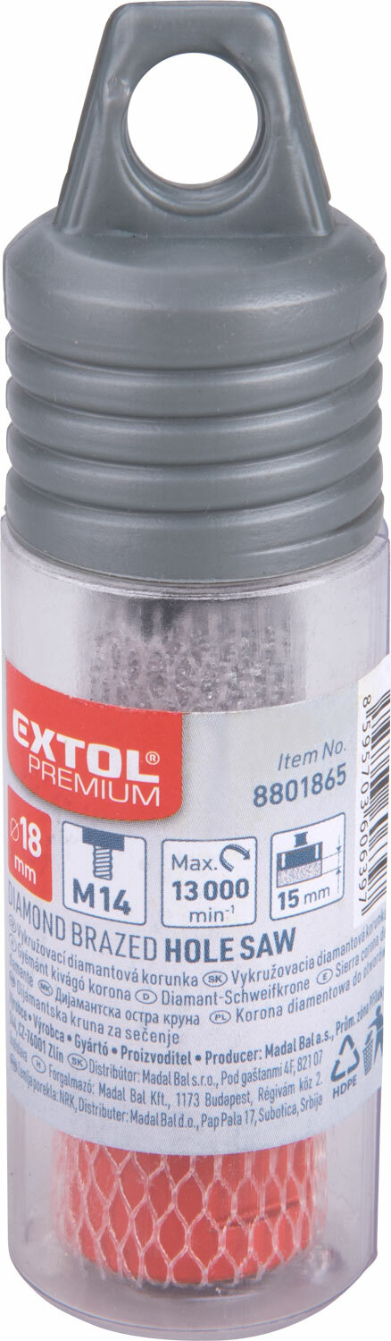 Vrták korunkový diamantový do uhlovej brúsky, Ø18mm, EXTOL PREMIUM