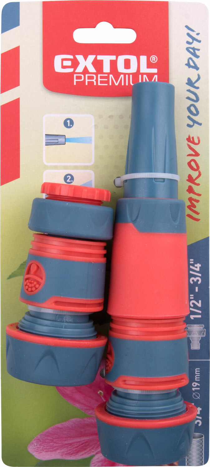 Postrekovač záhradný + rýchlospojky na hadicu plastové, 4-dielna sada, 3/4'', EXTOL PREMIUM