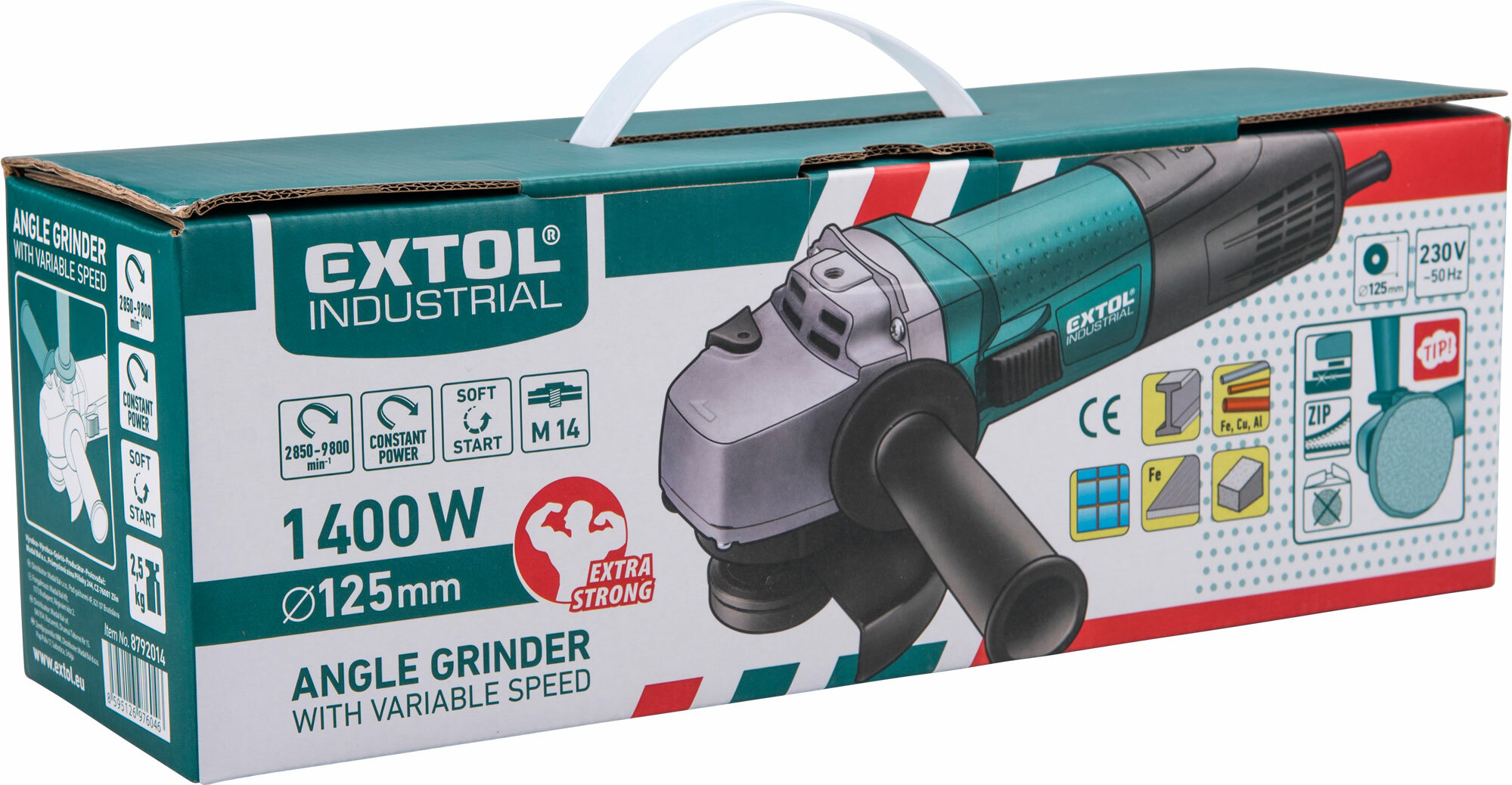 Brúska uhlová, príkon 1400W, priemer 125mm, regulácia otáčok, EXTOL INDUSTRIAL