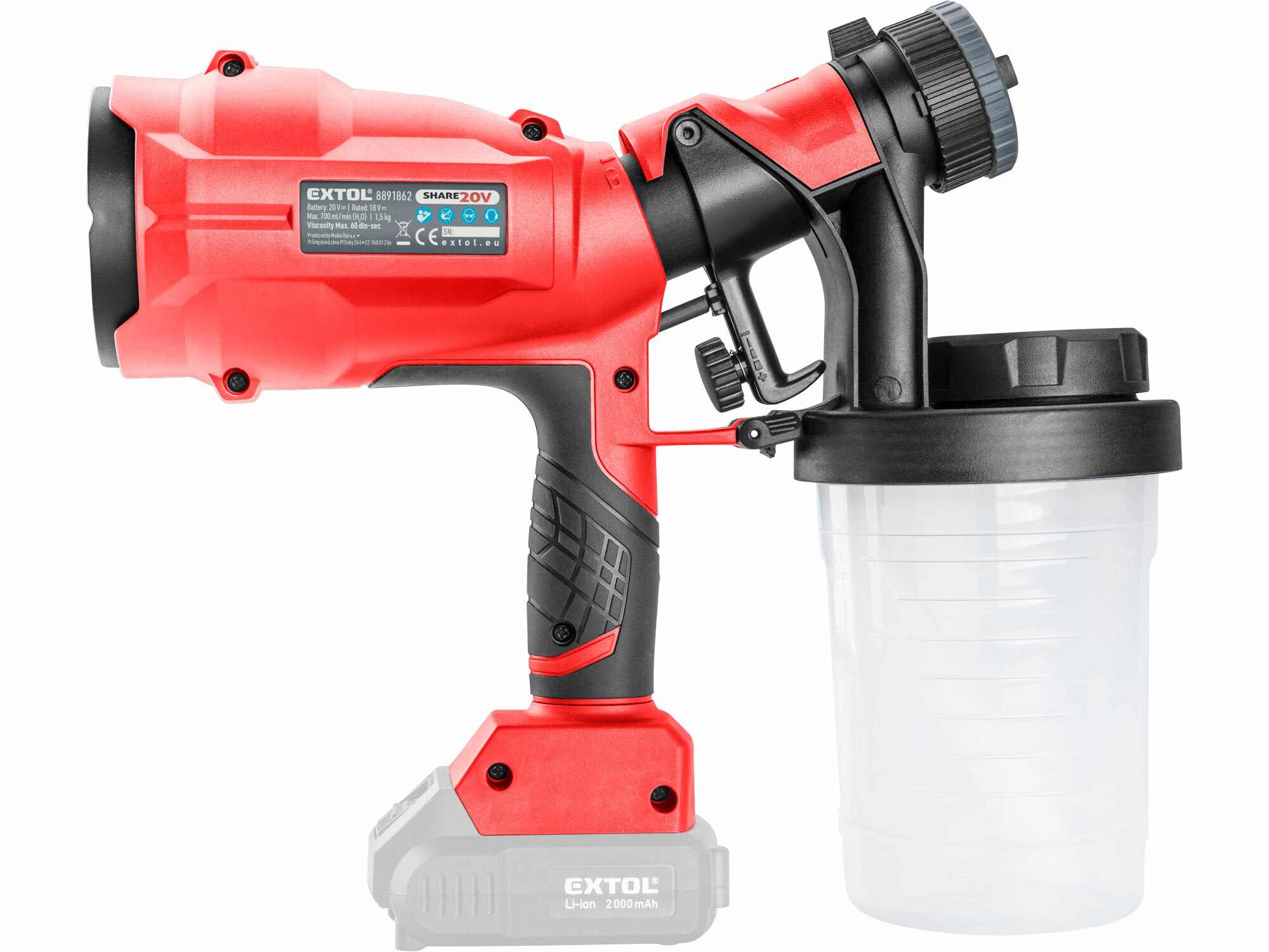 Pištoľ striekacia aku Share20V, bez aku, 700ml/min, EXTOL PREMIUM